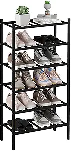 6-Tier Bamboo Small Shoe Rack, Free Standing Wood Shoe Shelf Storage Organizer for Closet Entryway Stackable (Black)