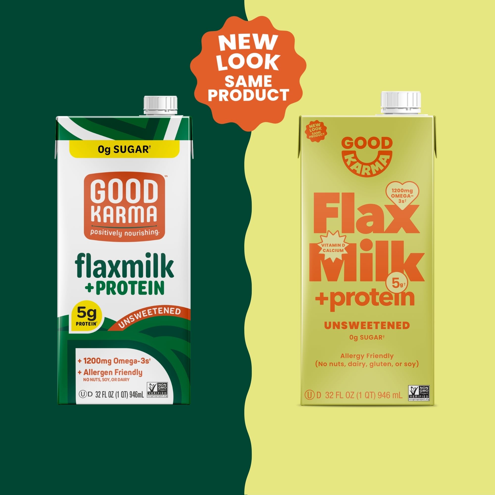 Good Karma Unsweetened Flaxmilk +Protein, 32 Ounce (Pack of 6), 5g Plant Protein + 1200mg Omega-3 Per Serving, Plant-Based Non-Dairy Milk Alternative, Lactose Free, Nut Free, Vegan, Shelf Stable