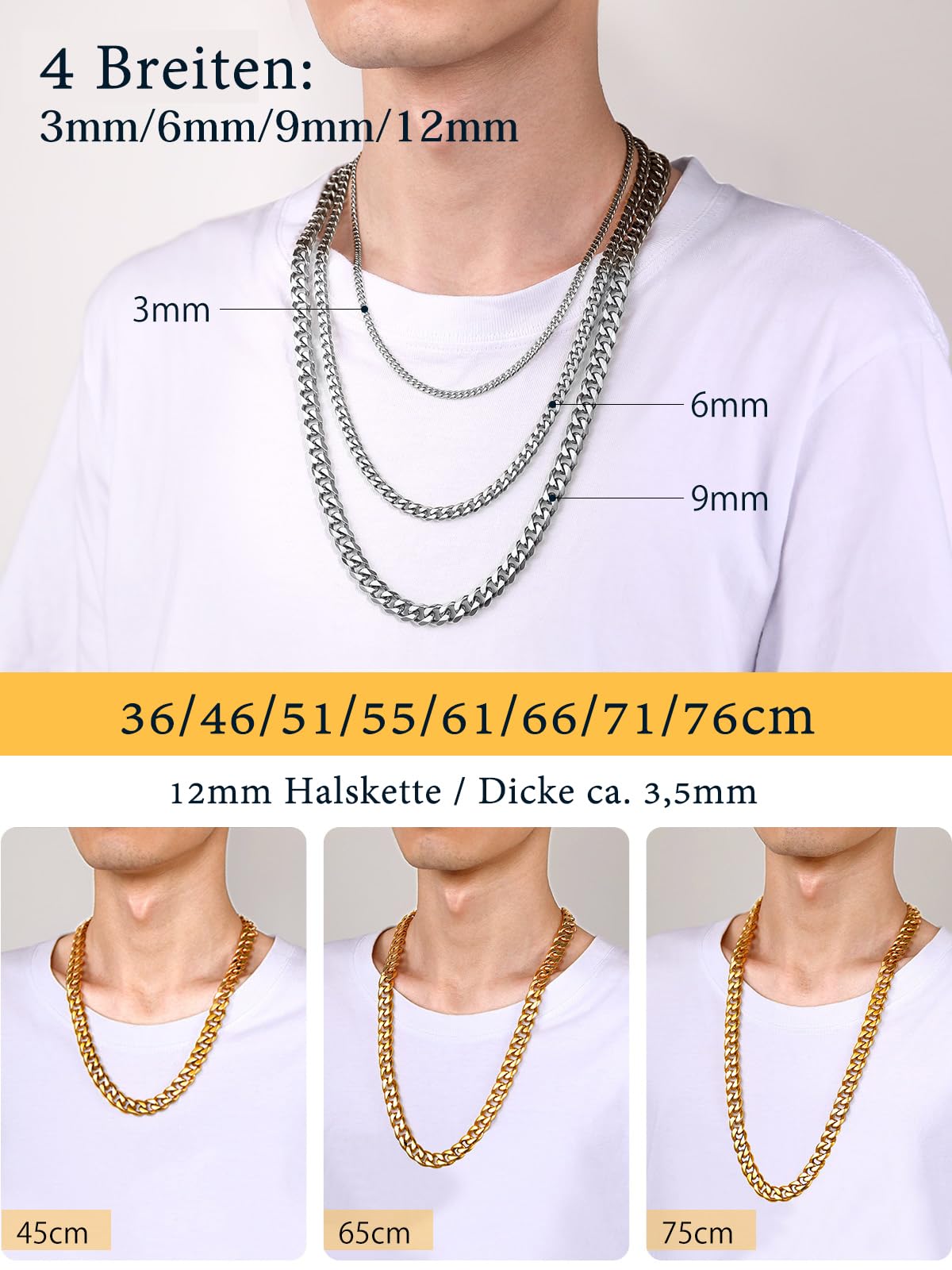 U7 Klassische Panzerkette für Damen Herren Edelstahl/18k vergoldet kubanische Gliederkette Hip-Hop Kette 3/6/9/12mm breit Kubanische Kette für Männer Jungen in 36/46/51/55/61/66/71/76cm