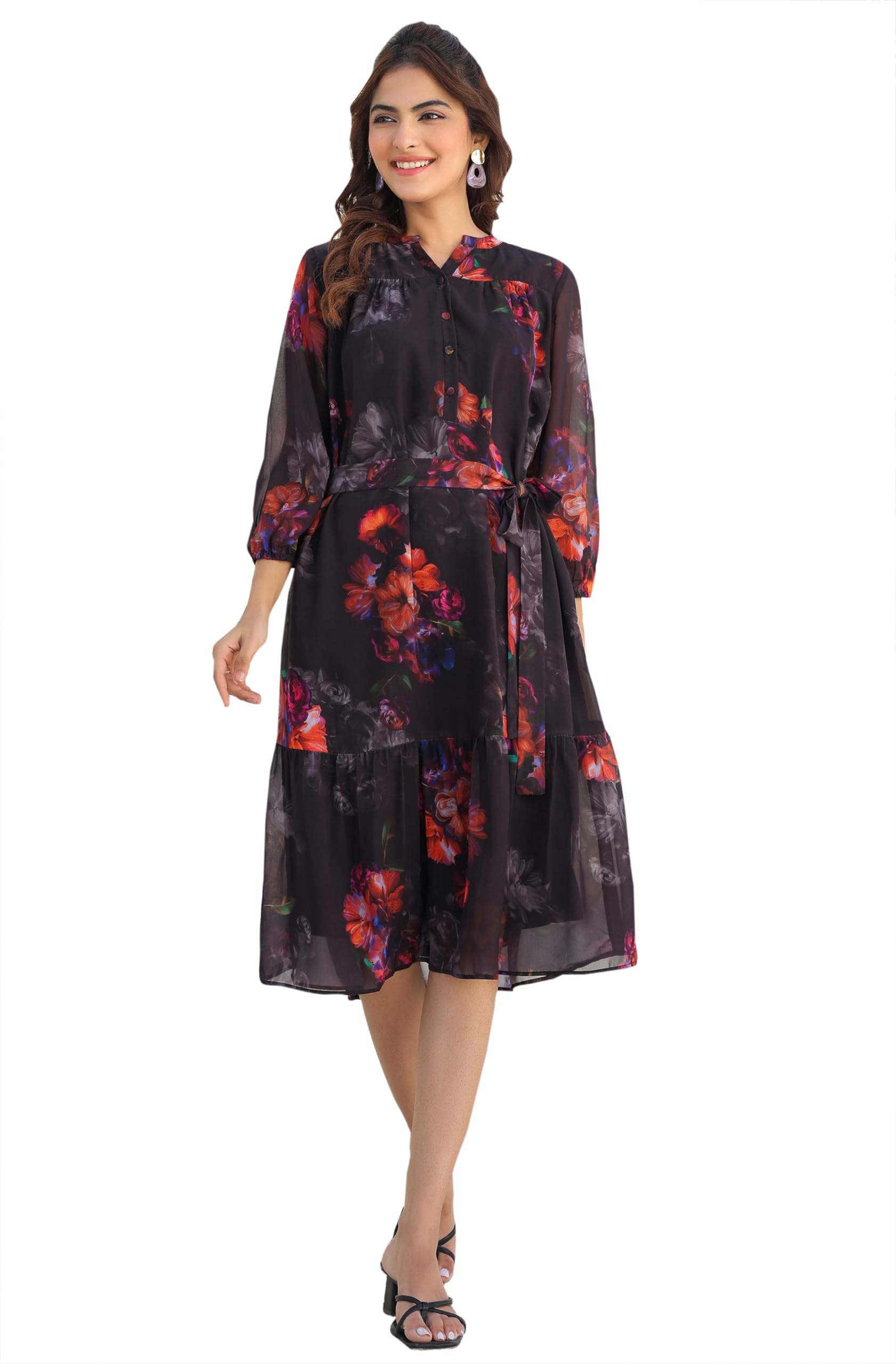 janasya Women's Black Georgette Floral Printed Tiered Dress-picture-24
