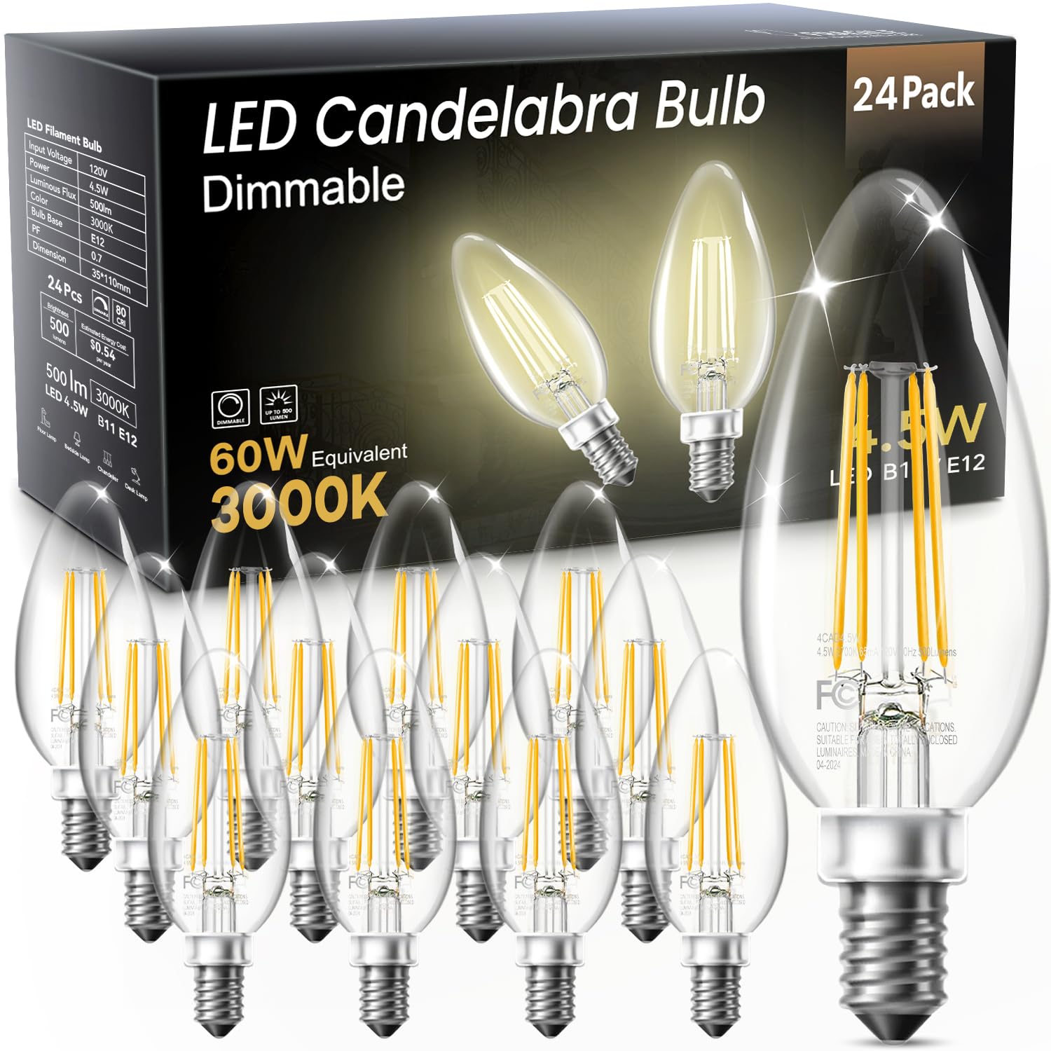 TJOY LED Candelabra Bulbs Dimmable, 60W Equivalent Chandelier Light Bulb, E12 Small Base, 4.5W 3000K Soft White, B11 Vintage Filament Clear Glass