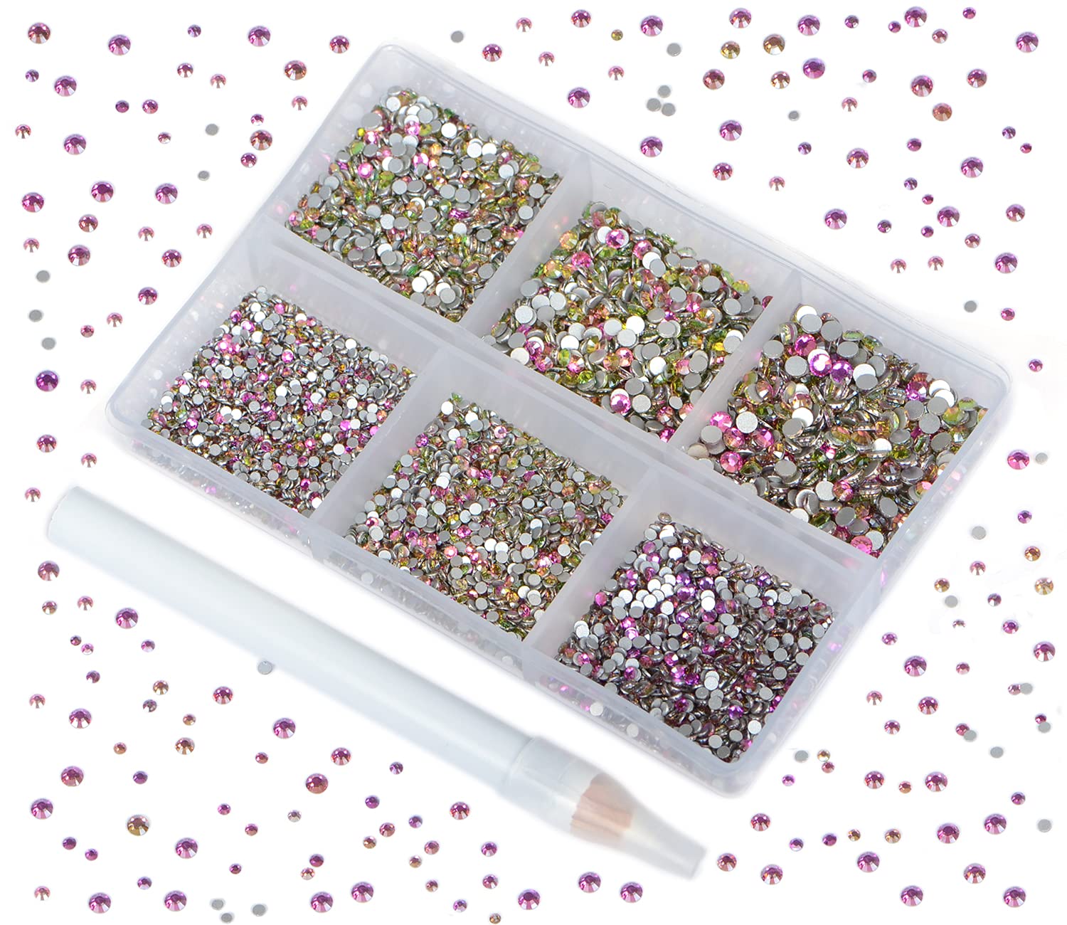 7200PCS Art Nail Rhinestones Non Hotfix Non-Magnetic Glue Fix Round Crystals Glass Flatback for DIY Jewelry Making with one Picking Pen (6-Sizes 7200PCS, Golden Rose)