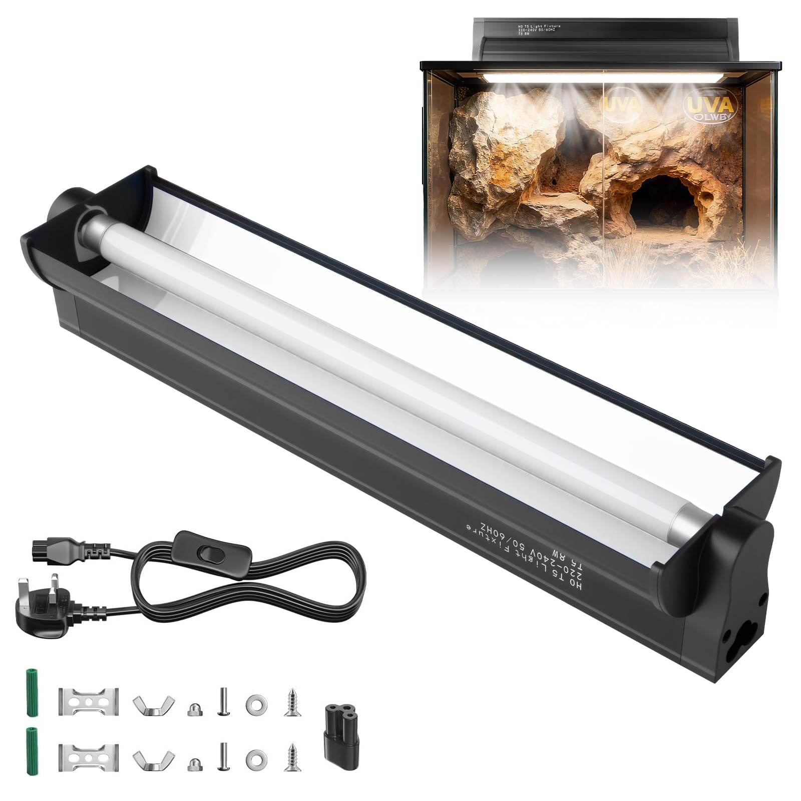 8W T5 UVB Reptile Light Kit, 10% UVB for Tropical & Desert Reptiles, 31.5cm / 12.4in UVB Light Fixture High-Output T5 10.0 UVB Tube for Bearded Dragon,Lizard,Tortoise,Gecko