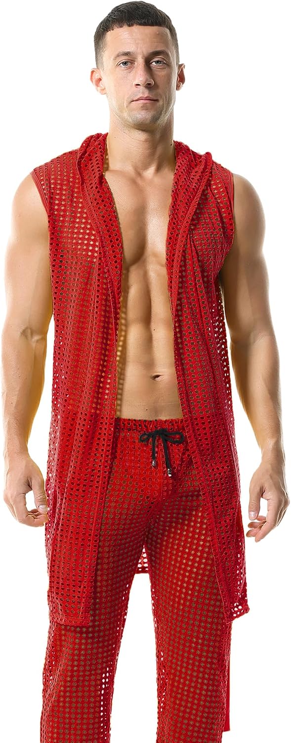 Men's Mesh Fishnet Robes Hooded Short Sleeveless Bathrobes Nightwear