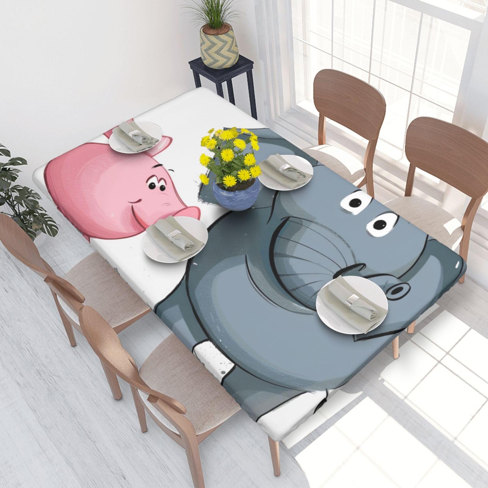 WPKJU Elephant and Piggie Printed Tablecloths 4ft Rectangular Table Covers Washable Polyester Decorative Table Cloth for Dining Table Picnic Wedding