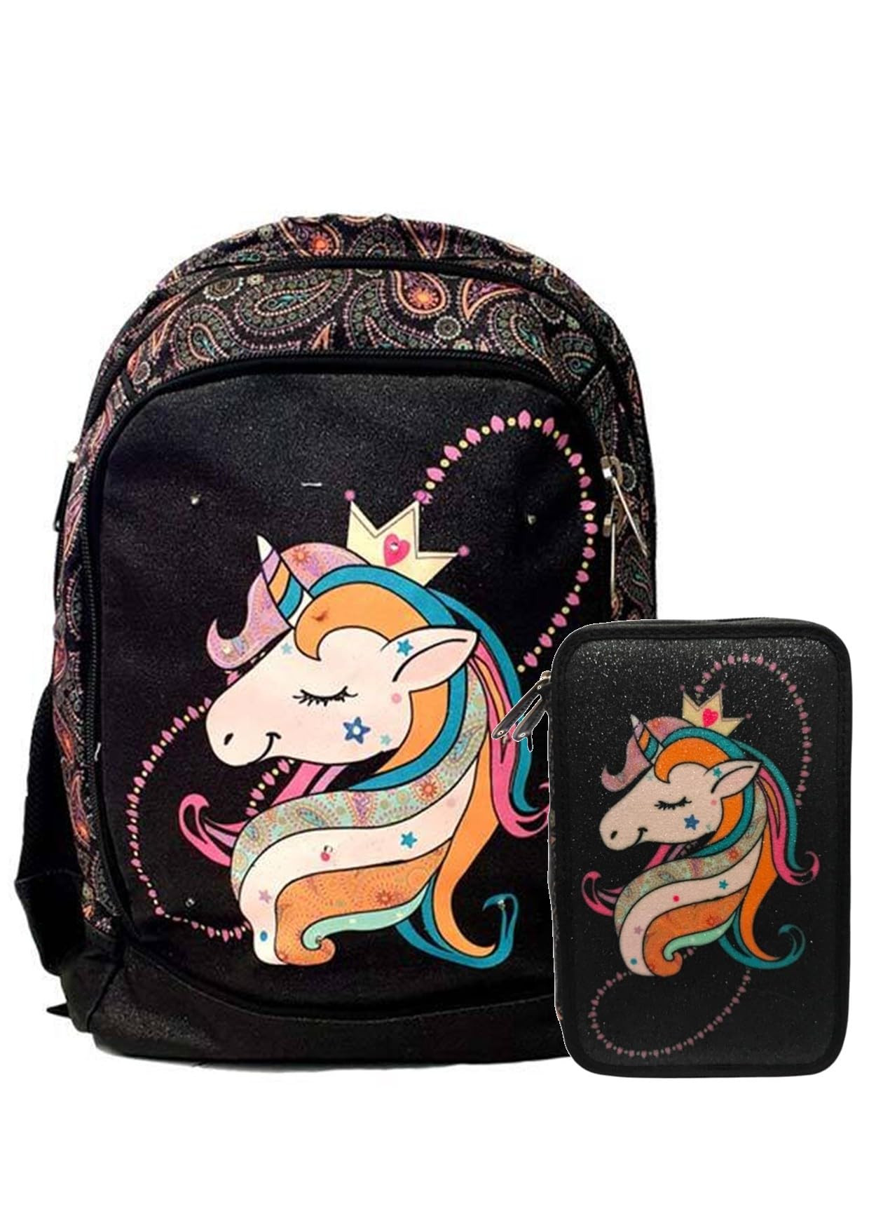 ZAINO Fantasy Girl UNICORNO Tinta Unita Scuola elementare con Astuccio 3 zip Completo di Colori