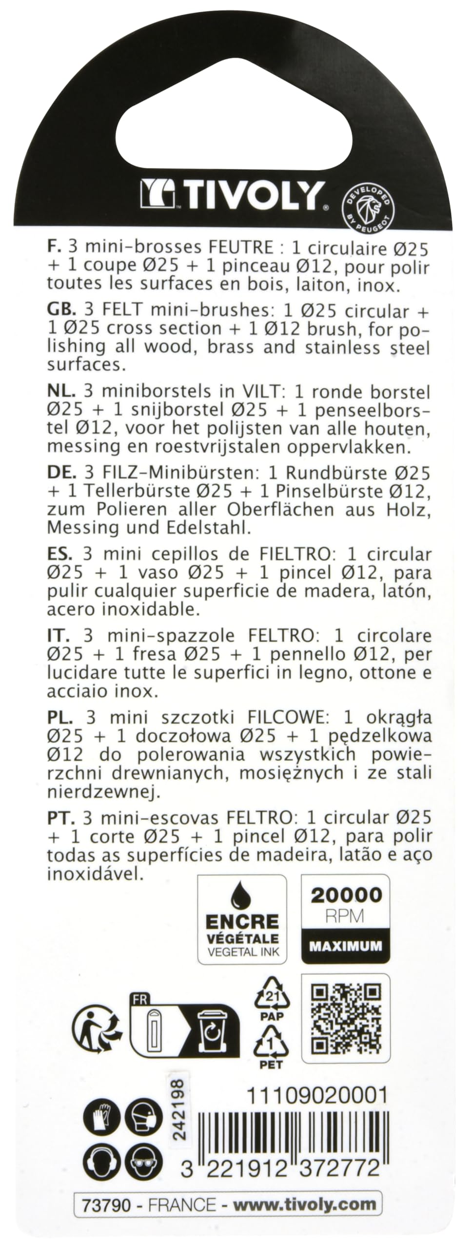 TIVOLY Set di 3 spazzole in feltro multiuso per lucidatura legno e metallo attacco coda cilindrica Ø 3,2 mm per DREMEL PROXXON