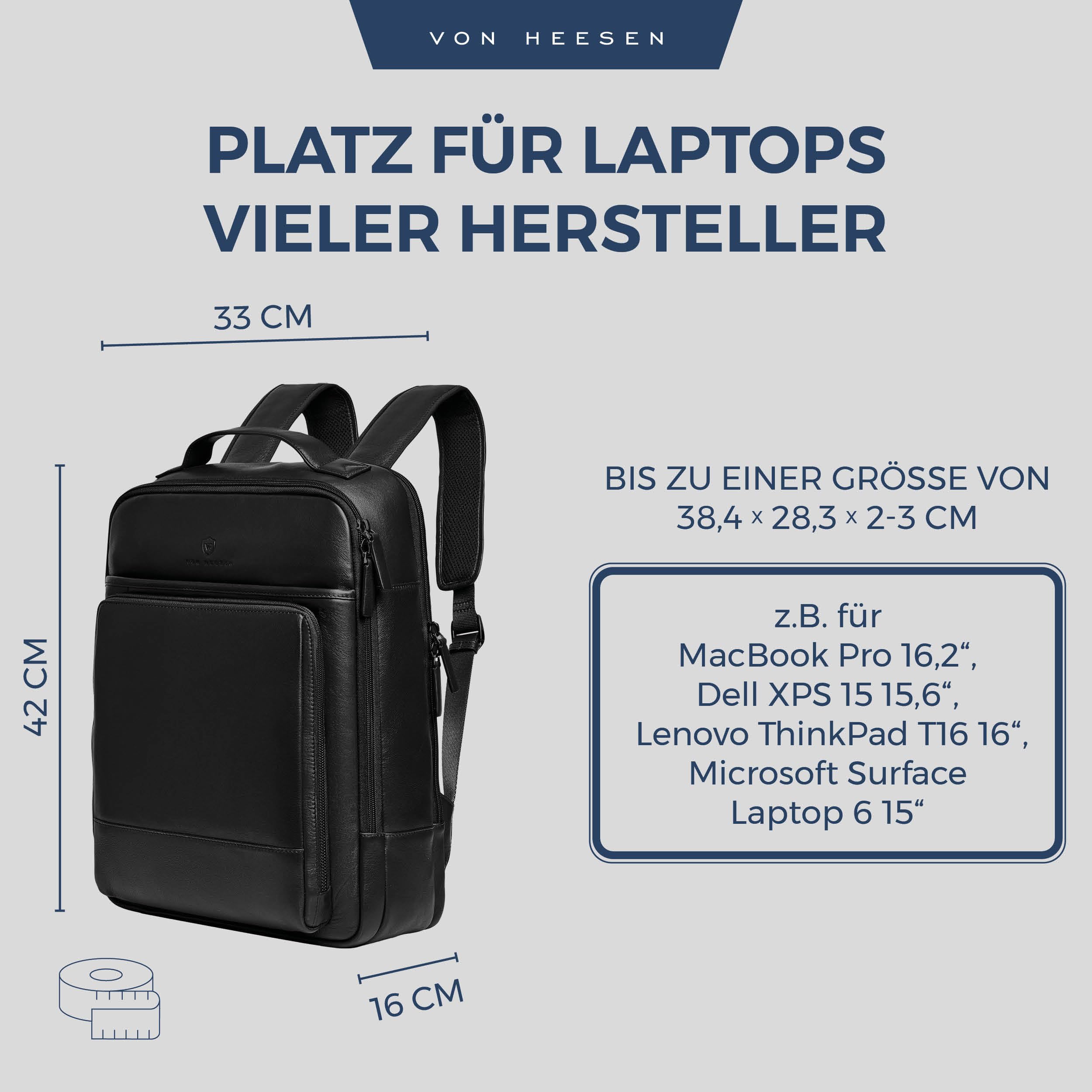 VON HEESEN Leder Laptop Rucksack