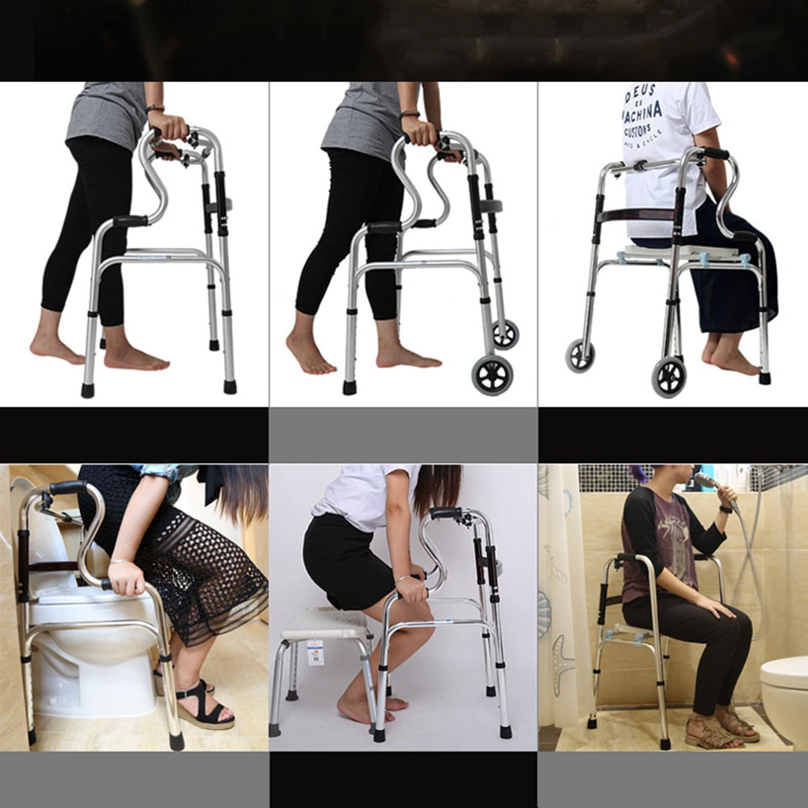 HMTE Andador para Ancianos con 2 Ruedas y Asiento, Andador Plegable, Ayuda de pie, aleación de Aluminio, Ligero y Ajustable en Altura