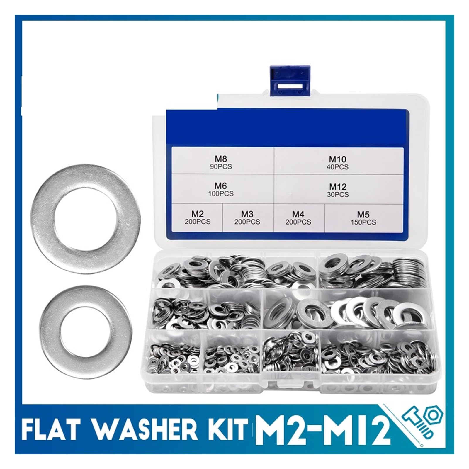 Set assortito con rondelle 620/1010 pezzi Set di rondelle piatte in acciaio inossidabile M2 M3 M4 M5 M6 M8 M10 M12 guarnizioni ad anello Rondelle piane Kit assortimento in metallo(1010pcs)