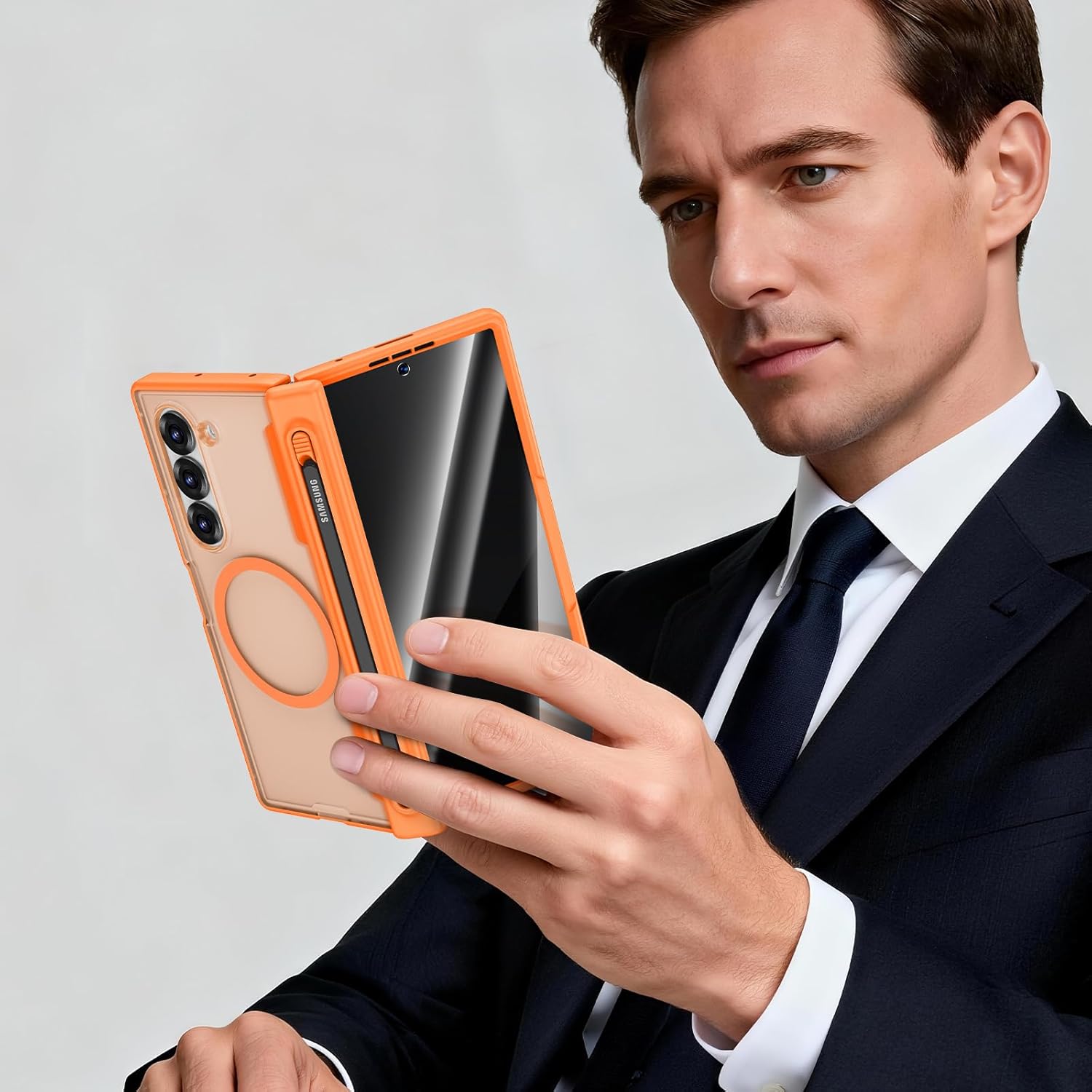 For Samsung Z Fold 6 Case[Built-in Privacy Protector][Hinge Protection with S Pen Holder]Compatible with Magsafe Full-Body Hard PC Shockproof Protective Phone Case for Samsung Galaxy Z Fold 6 (Orange)