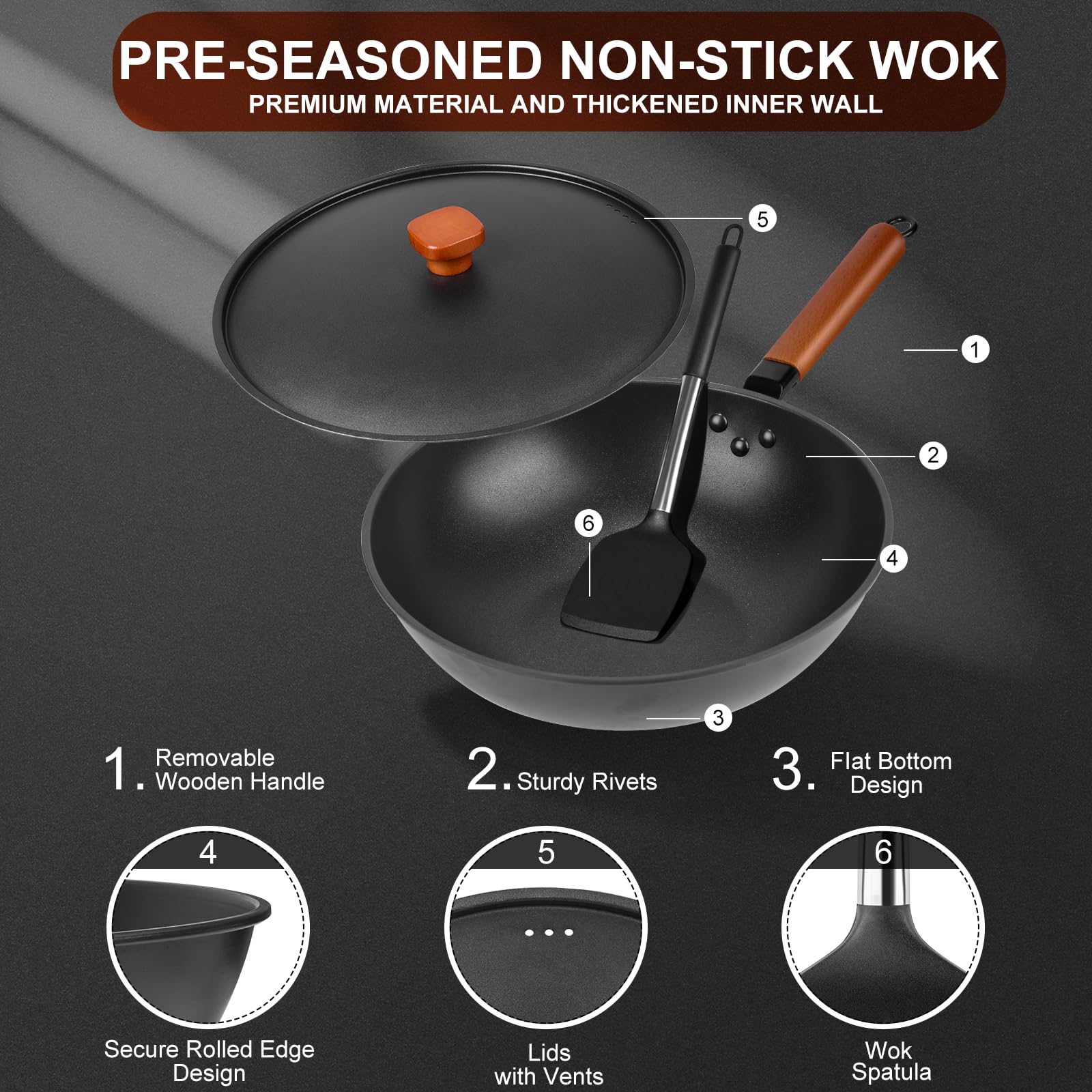 12.8" Carbon Steel Wok-11Pcs Woks & Stir Fry Pans Wok Pan With Lid, No Chemical Coated Chinese Wok With 10 Cookware Accessories, Flat Bottom Wok For Electric, Induction,Gas Stoves - View #12