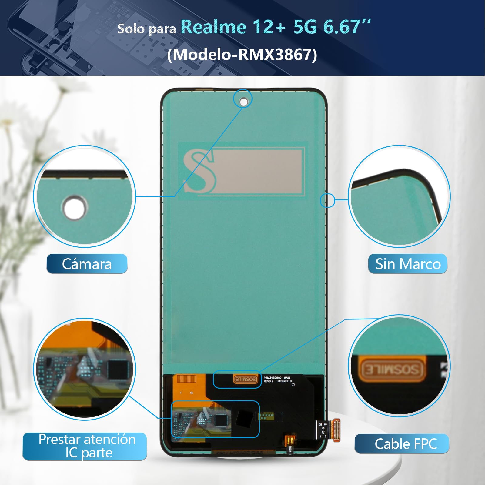 RongZy Pantalla para Realme 12+ 5G Táctil LCD de Repuesto Ensamblaje Digitalizador Reemplazo para Realme 12+ 5G con Herramientas de Reparación(Negro)