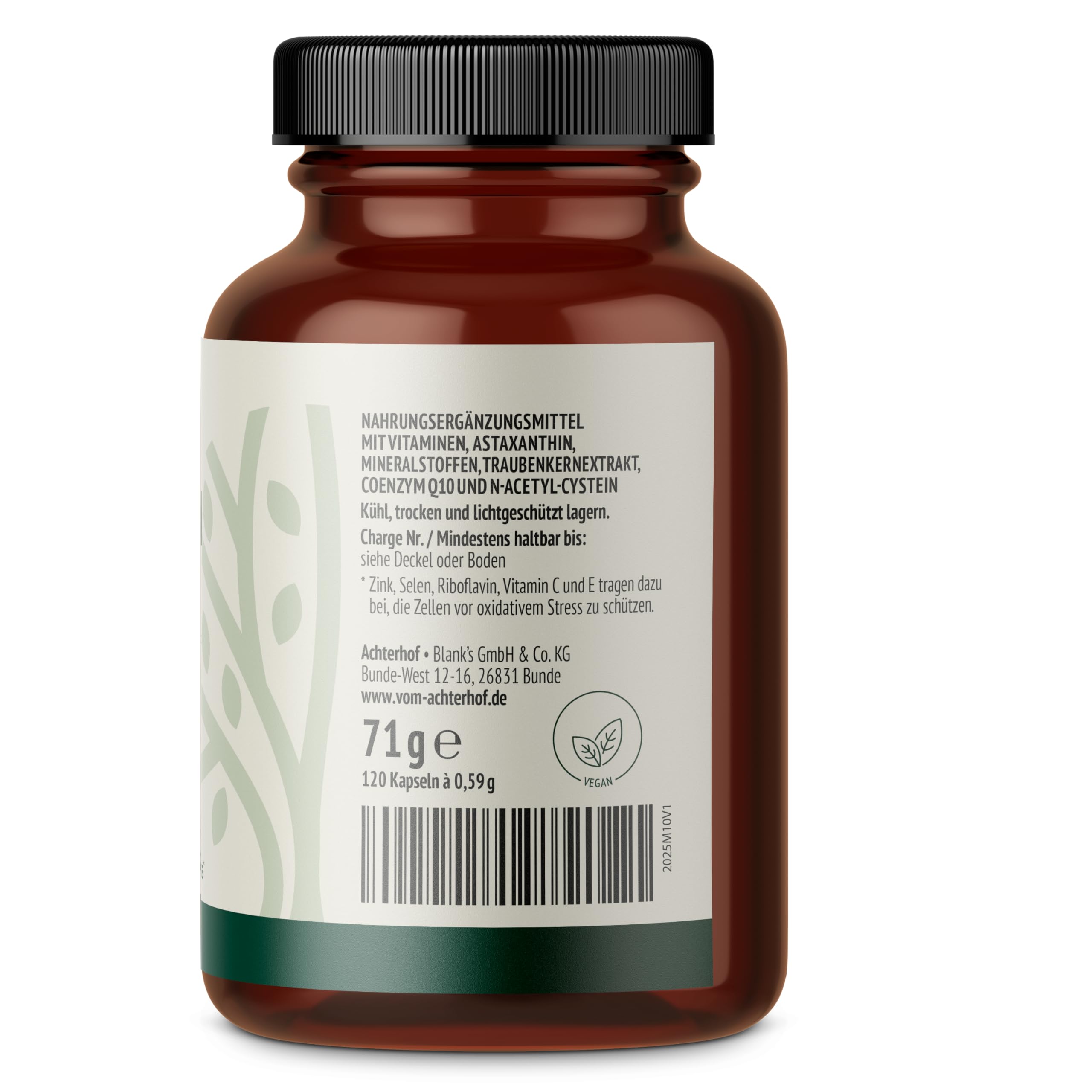 Astaxanthin OPC Zellschutz Kapseln | 120 Stück | mit B-Vitaminen, Zink, Selen und Vitamin E | für 120 Tage | vegan | Achterhof