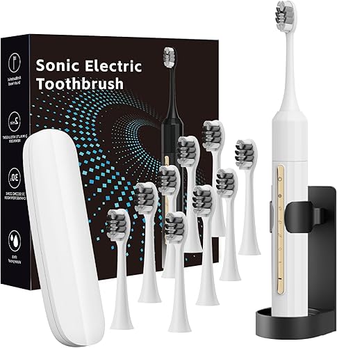 Sonic Electric Toothbrush with 10 Brush Heads for Adults and Children, Up to 30 Days on a Single Charge, 5 Modes, Built-in 2-Minute Smart Timer, IPX8 Waterproof Electric Toothbrush (White)