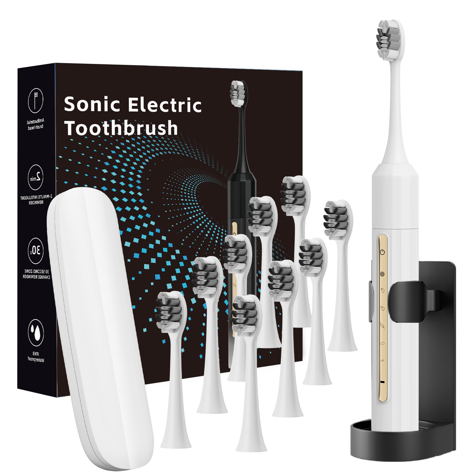 Lumivoid Sonic Electric Toothbrush with 10 Brush Heads for Adults and Children, Up to 30 Days on a Single Charge, 5 Modes, Built-in 2-Minute Smart Timer, IPX8 Waterproof Electric Toothbrush（White