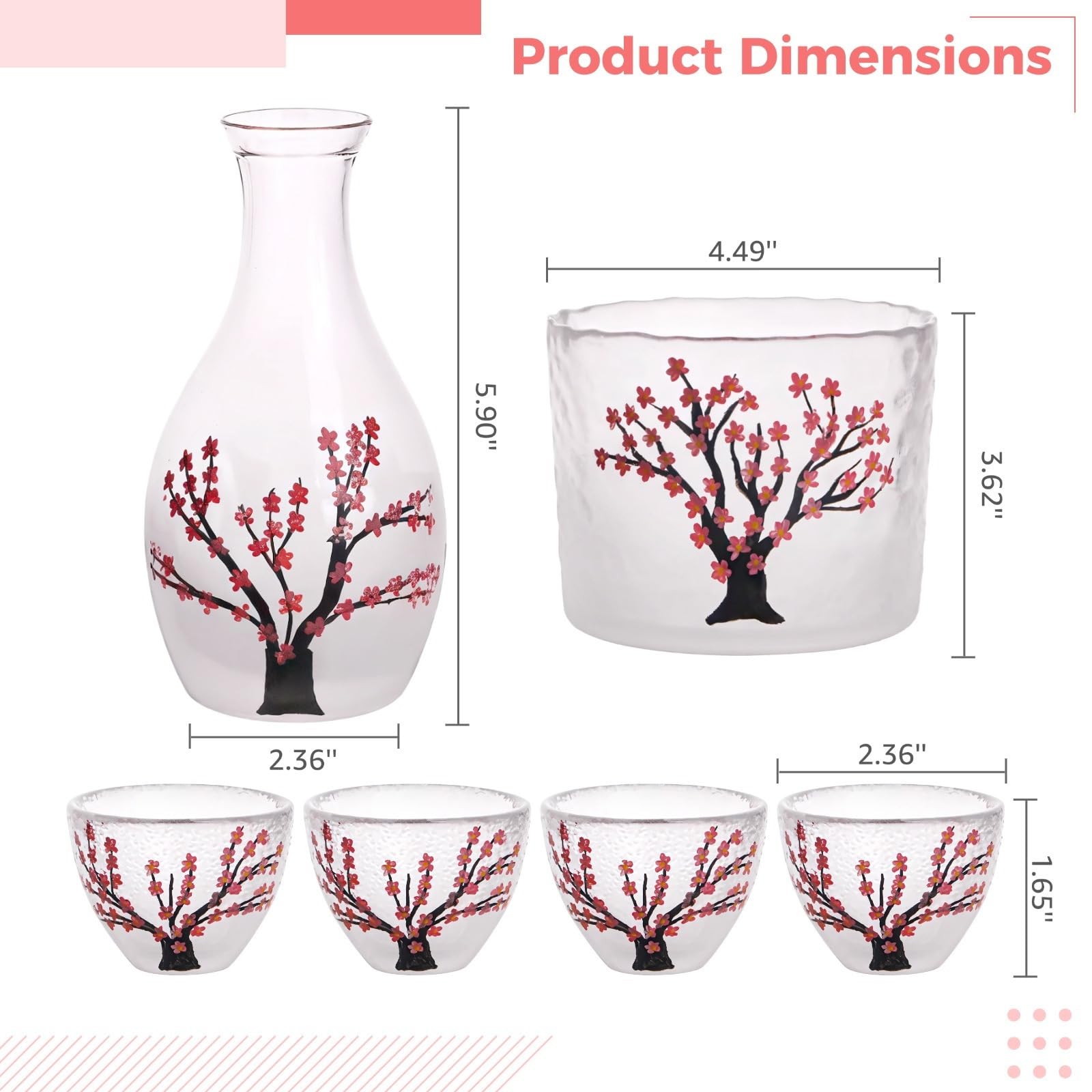 Elegante set per sakè in vetro con motivo a fiori di ciliegio, caraffa, 4 tazze, scaldavivande incluso per degustazione di liquori tradizionali