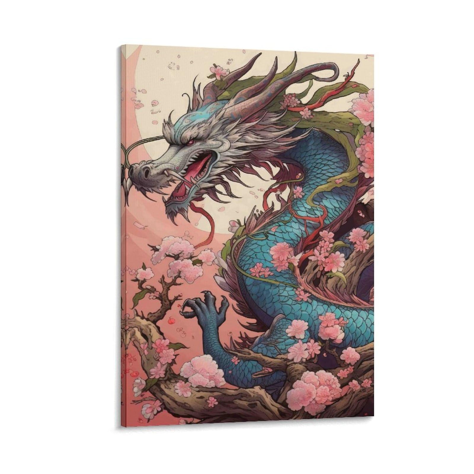 DHBANEIOK Dragon with Cherry Blossoms Poster Artwork Giclee Canvas Prints Modern Wall Art Picture Wall Hanging for Home Decorations 24x36inch(60x90cm)
