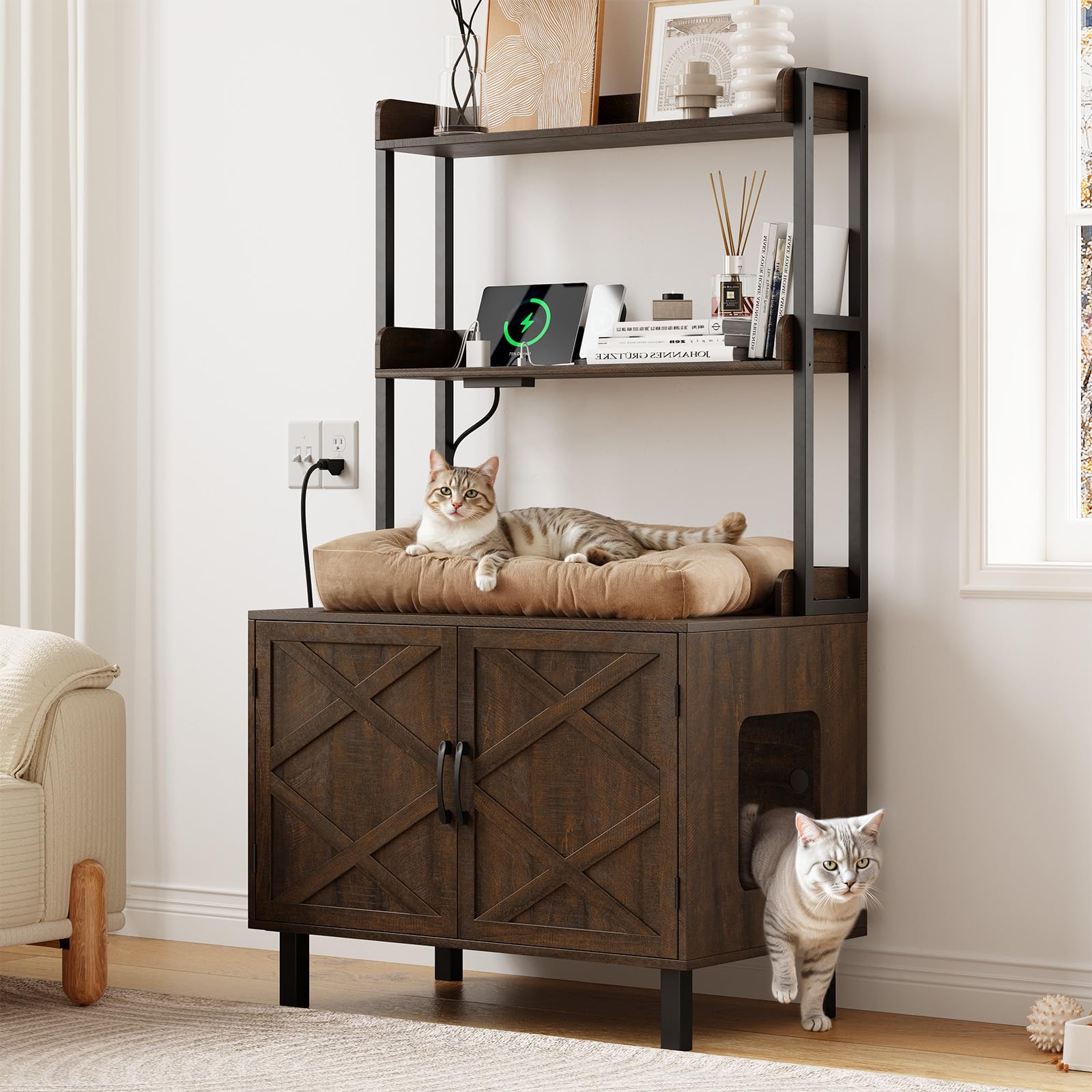 ONBRILL 55 Inches Cat Litter Box Enclosure with 2 Storage Shelves, Brown