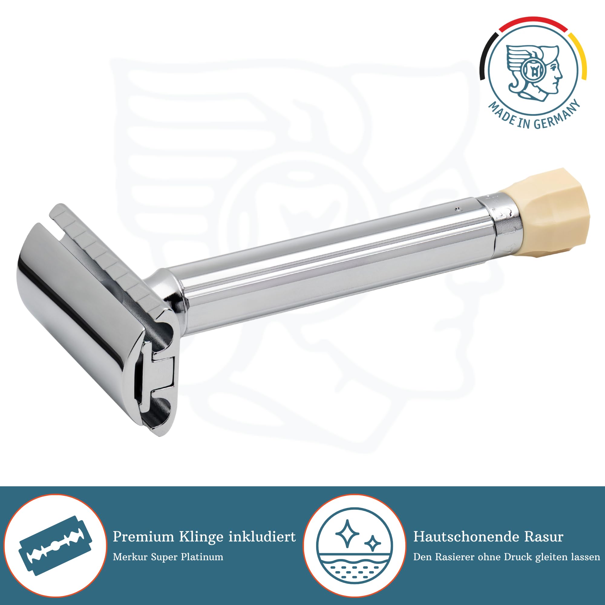 MERKUR Einstellbarer Rasierhobel 510C | Klassiker Glanzchrom | Zweiteiliger Rasierer mit geradem Schnitt | Ideal für Nassrasur | Zinkdruckguss | Messing Griffstück | Made in Germany