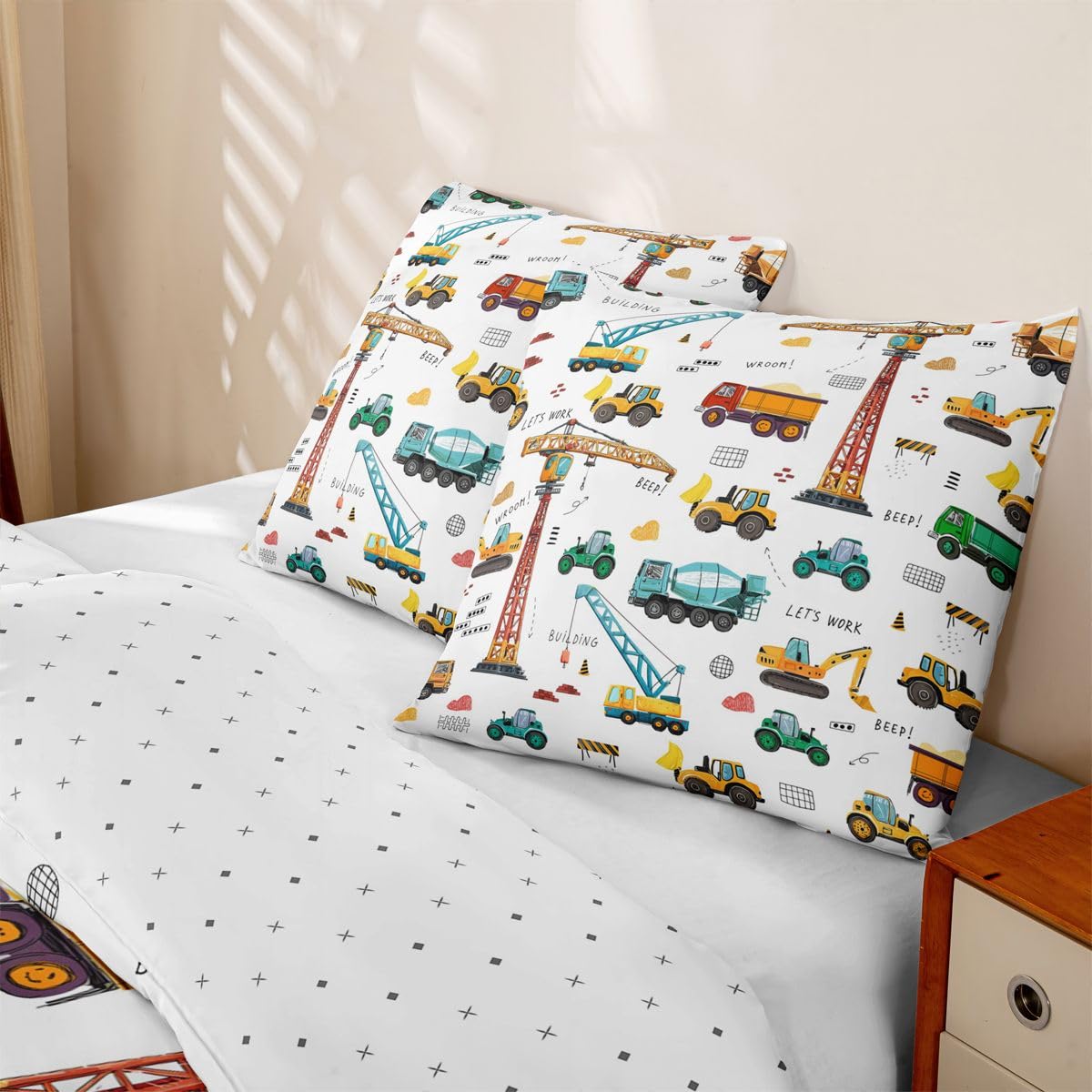 Homewish Cartoon Bagger Jungen Bettwäsche 135x200 4teilig Mikrofaser | Traktoren Maschinen LKWs 2 Kissenbezüge Baumaschinen Kinder 2 Bettbezüge Gelb Grün Baustellen Fahrzeugen Bedding Weich