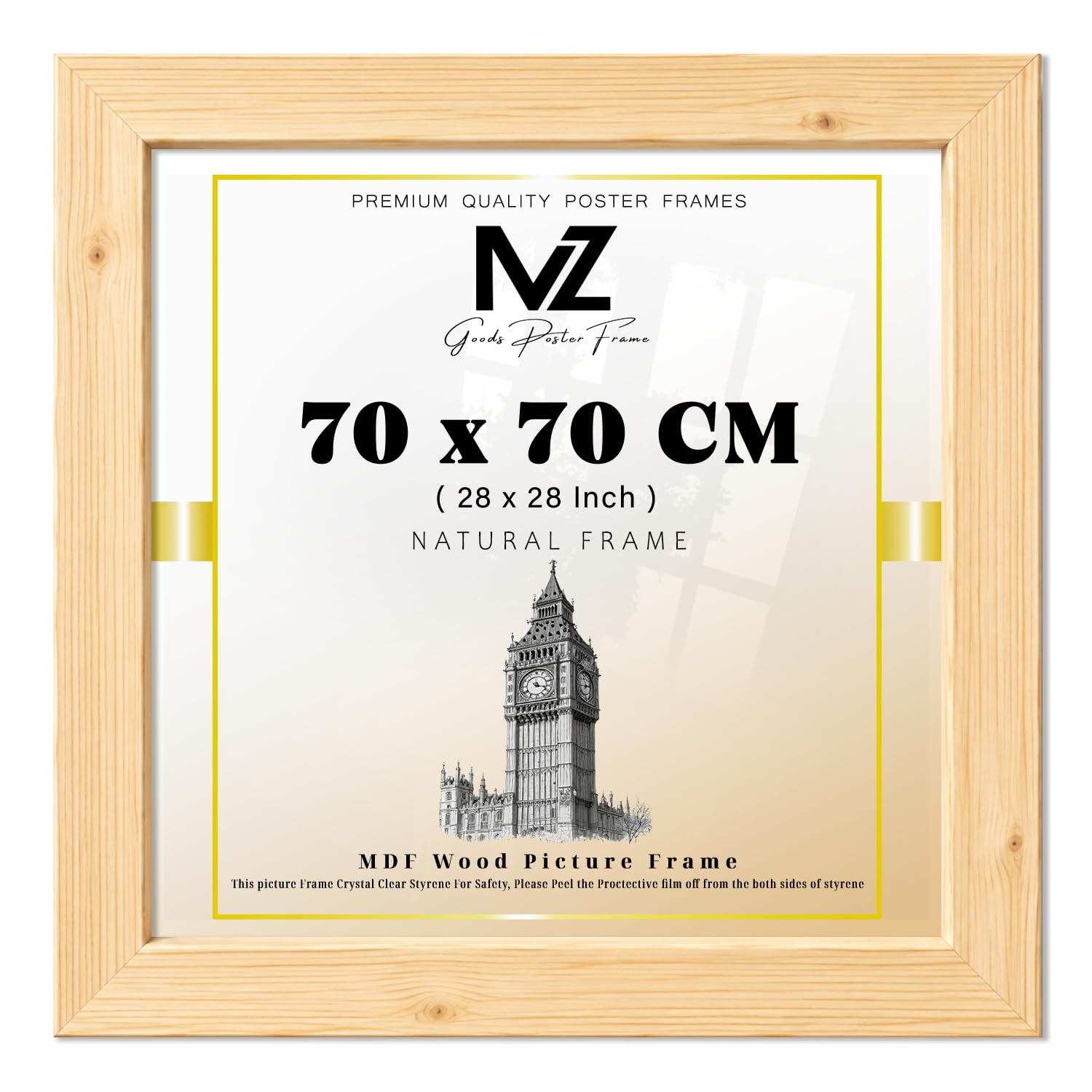 MZ GOODS | MDF Picture Frame (70 x 70 CM) 2' 4" x 2' 4" for Vinyl Record Covers, Digital Prints & Display Art, MDF Wood Finish, Secure Hanging Hooks Included [ Pine ]