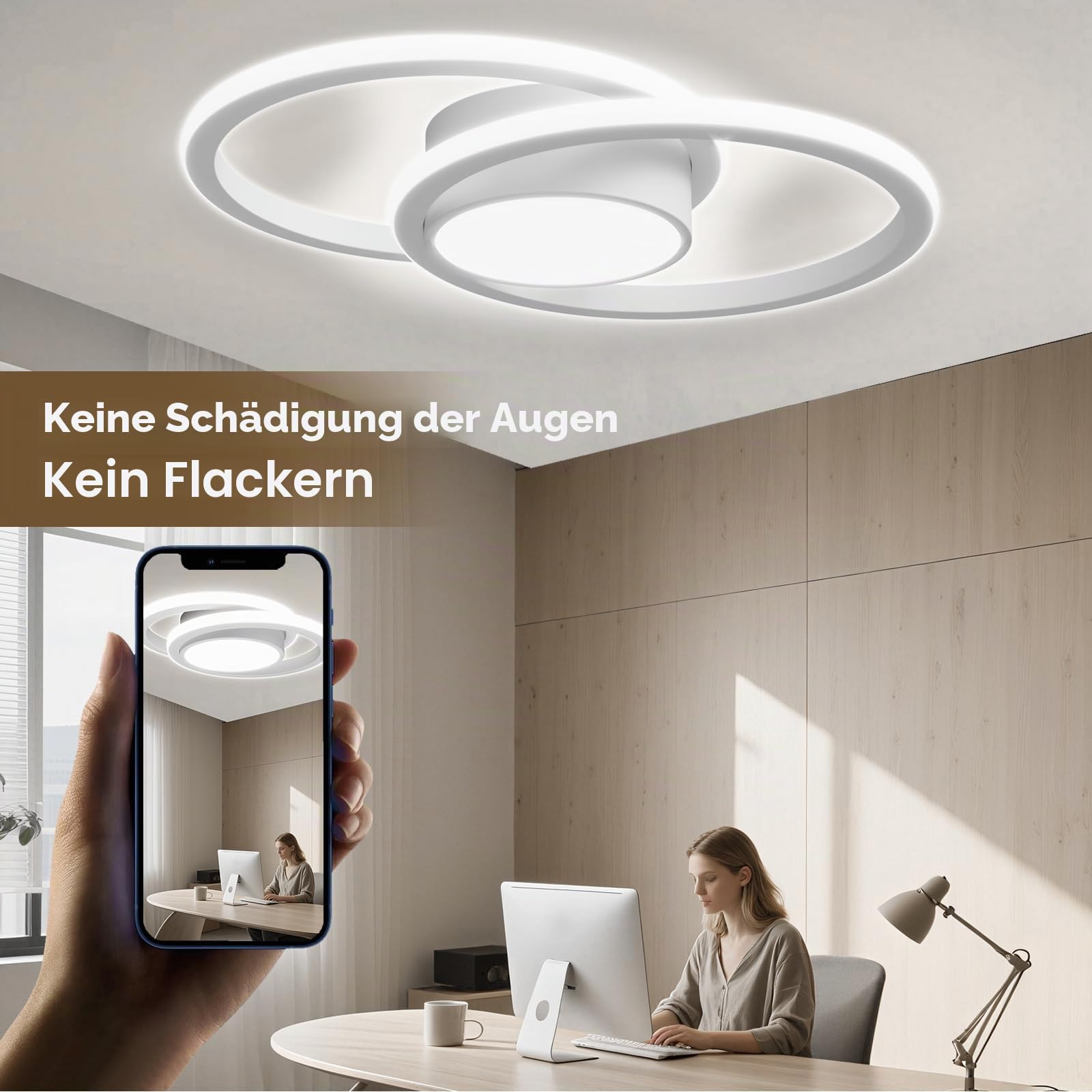 LQWELL Modern Led Deckenleuchte, LED Deckenlampe 48cm, 2-Ringe Design, 62W 6500K 6950LM IP44 Wasserfest Schlafzimmerleuchte Wohnzimmerleuchte aus Metall+Acryl als Badezimmer Küche Keller Büro