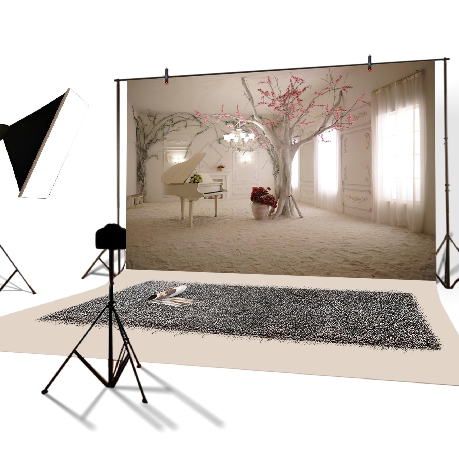 YongFoto 4,5x3m Fondo de Fotografia Interior White Piano Pink Flowers Árboles Cortina Blanca Archicultura Europea Telón de Fondo Fiesta Niños Boby Boda Retrato Estudio Fotográfico Accesorios