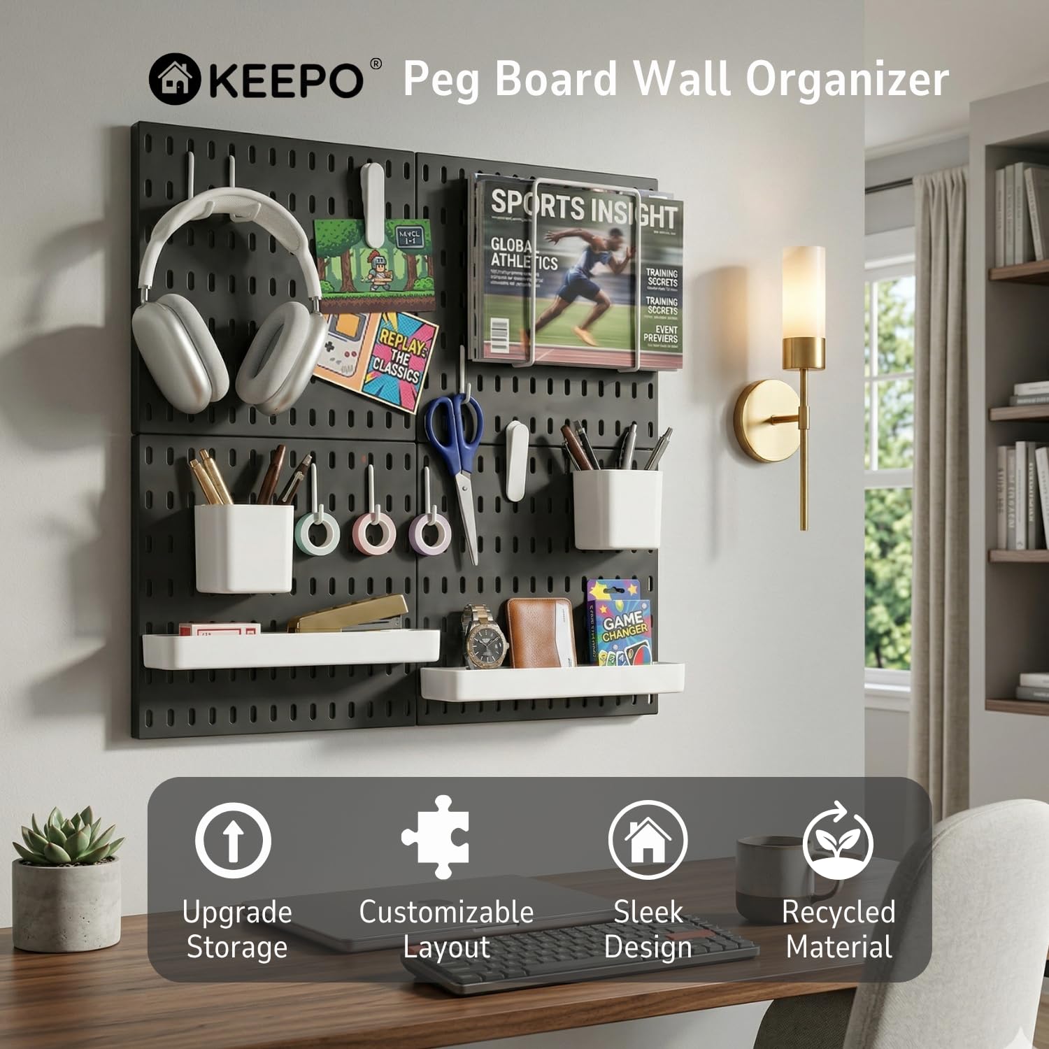 Keepo Pegboard Combination Kit, Pegboards and Accessories Modular Hanging for Wall Organizer, Crafts Organization, Ornaments Display, Nursery Storage, Peg Board (Black, 22″×22″) Product Image 2
