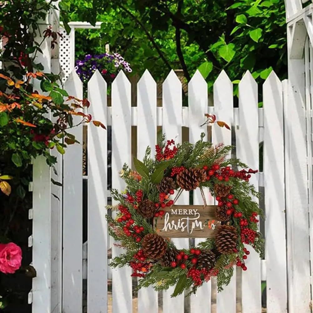 Corona de fiesta de Navidad frontal para puerta, pino artificial con bayas rojas y conos, resistente a la intemperie, decoración de pared para ventana del hogar