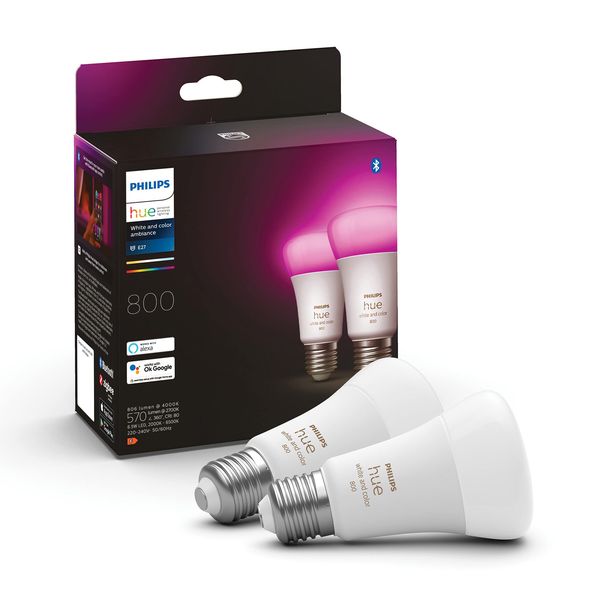 Philips Hue White and Colour Ambiance Smart Light Bulb 2 Pack 60W - 800 Lumen [E27 Edison Screw] With Bluetooth. Works with Alexa, Google Assistant and Apple Homekit
