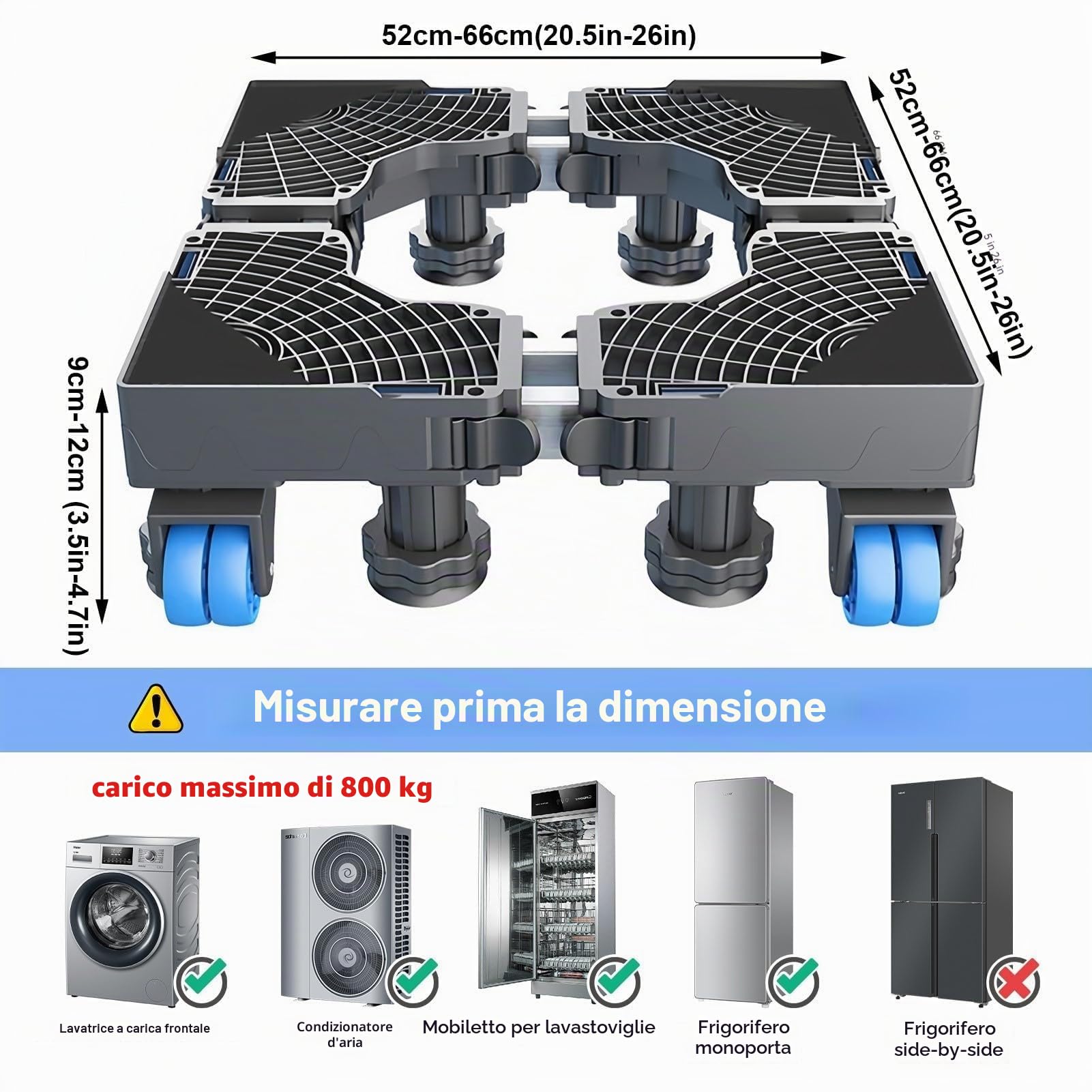 Carrello Lavatrice con Ruote EXTRA ROBUSTO | Supporto Lavatrice per Carichi Pesanti, Base Rinforzata con 8 Piedi, Carico 450 kg