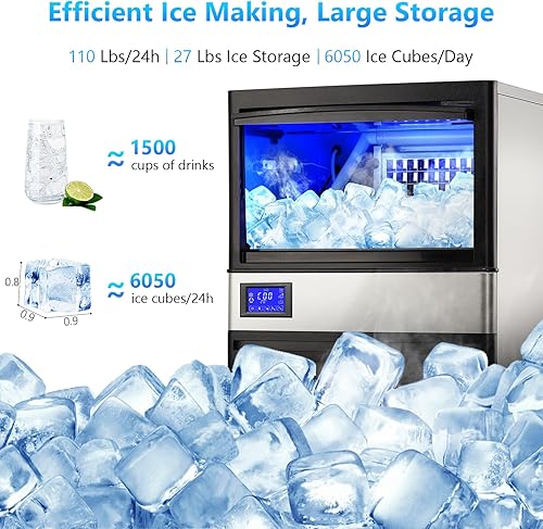 Miniatura 4 de Máquina de hielo comercial de 110 libras24 horas, máquina de hielo de acero inoxidable con capacidad de almacenamiento de hielo de 27 libras,