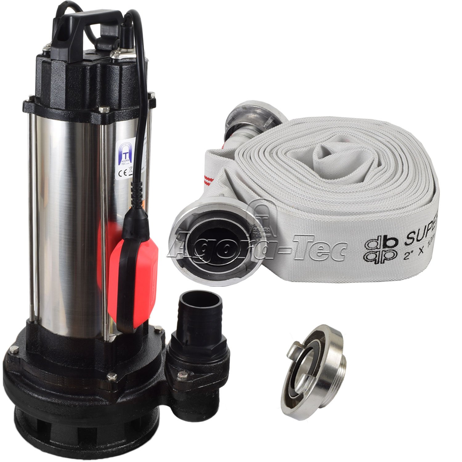Agora-Tec® Bau-, Abwasser- und Schmutzwasserpumpe 1500W 10m Kabel | Tauchpumpe mit Schwimmerschalter | 19000l/h Fördermenge | 2,6 bar | inkl. C-STORZ Kupplung & C-Schlauch 10m |