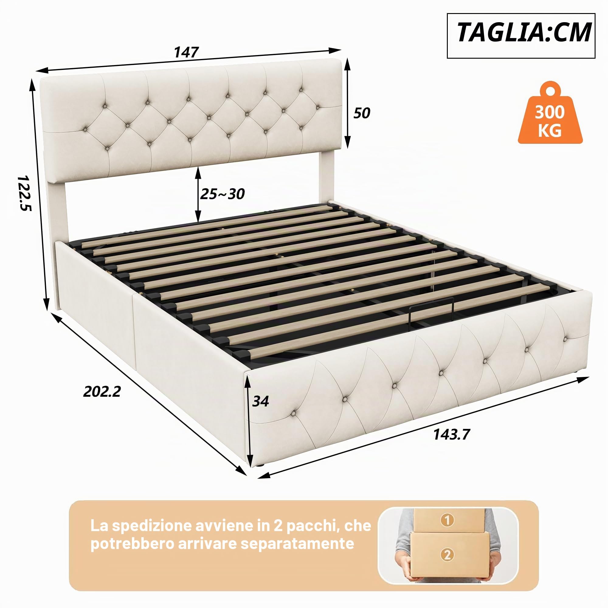 Letto imbottito140x200cm, letto matrimoniale con contenitore idraulico e testiera regolabile, Moderno Letto una piazza e mezza con vano portaoggetti, senza materasso