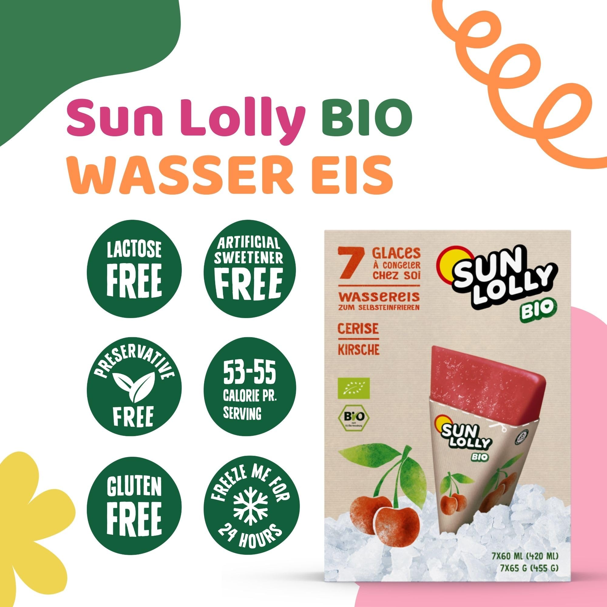 Sun Lolly Bio Wassereis Kirsche 7 Stk | Mit Fruchtsaft | Zum Selbsteinfrieren | Ohne künstliche Aromen | Frei von Süßungsmittel | Laktosefrei | Glutenfrei | Vegan | 7 x 60ml - 4