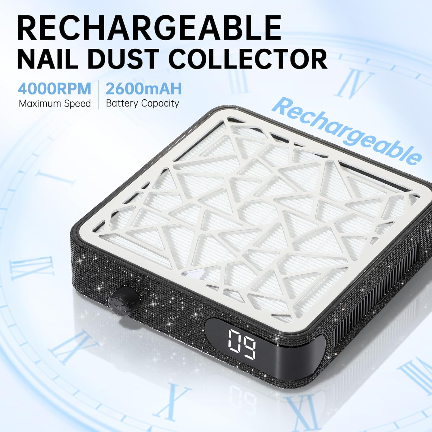 Nail Dust Collector, Cordless Dust Collector Nail Tech, Powerful Vacuum Fan Vent Dust Collector Extractor Dust Suction Machine for Acrylic Nails Polishing, Nail Salon, Black Diamond