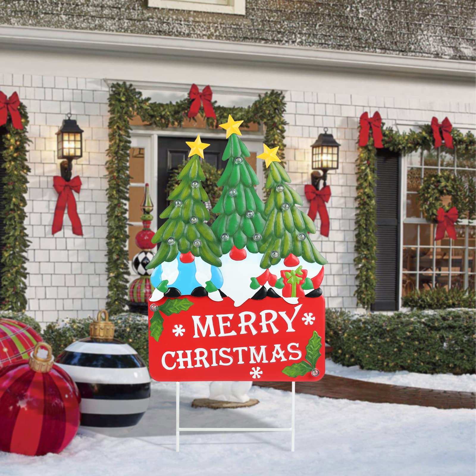 Piquets de cour de Noël lumineux avec nains de Noël à LED, arbres de Père Noël, piquets de cour en métal éclairés, panneau « Merry Christmas », piquet de jardin, pelouse, allée, décoration extérieure