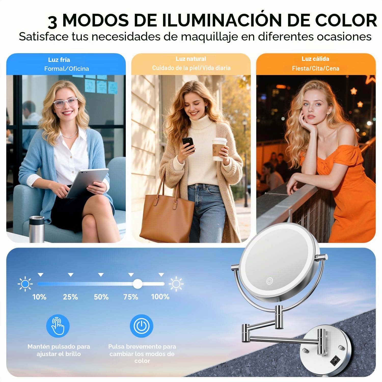 Auxmir Espejo Maquillaje con Luz Pared, 1X/20X Aumento Doble Cara Giratorio 360, Espejo Baño Extensible Táctil con Enchufe, 3 Colores Brillo Regulable, para Hotel, SPA, Plata