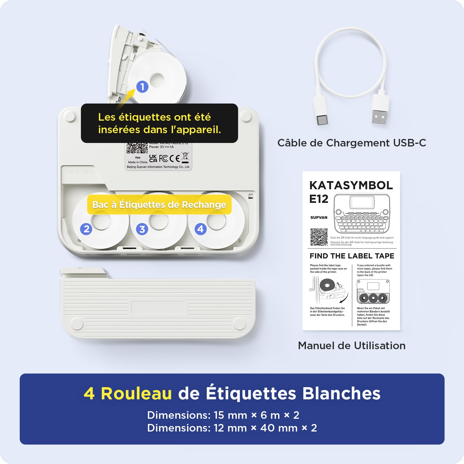 SUPVAN E12 Étiqueteuse livrée avec 4 Rubans,compatible avec Clavier et App, Écran Rétroéclairé, Marges Réduites, Recharge USB-C, sans Encre, idéal pour la Maison, la Cuisine, le Bureau, l'École, Blanc