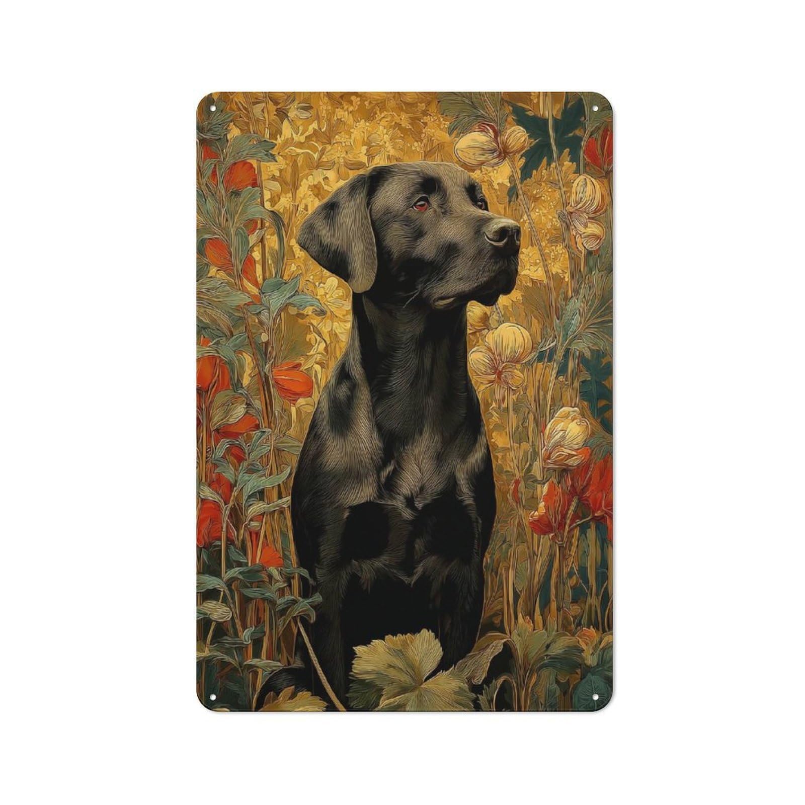 Junmoney Style For Hobby Room Or Studio, Black Labrador Portrait In Floral Setting Rustic Tin Wall Plaque 30X20cm, For Vintage Wall Decor Fans, For Metal Sign Collectors