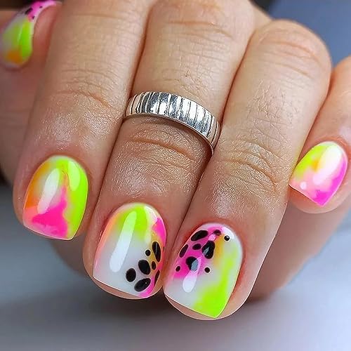 Miniatura 8 de MISUD Uñas postizas cortas redondas a presión, ovaladas, con pegamento brillante, uñas acrílicas brillantes con purpurina, uñas artificiales con