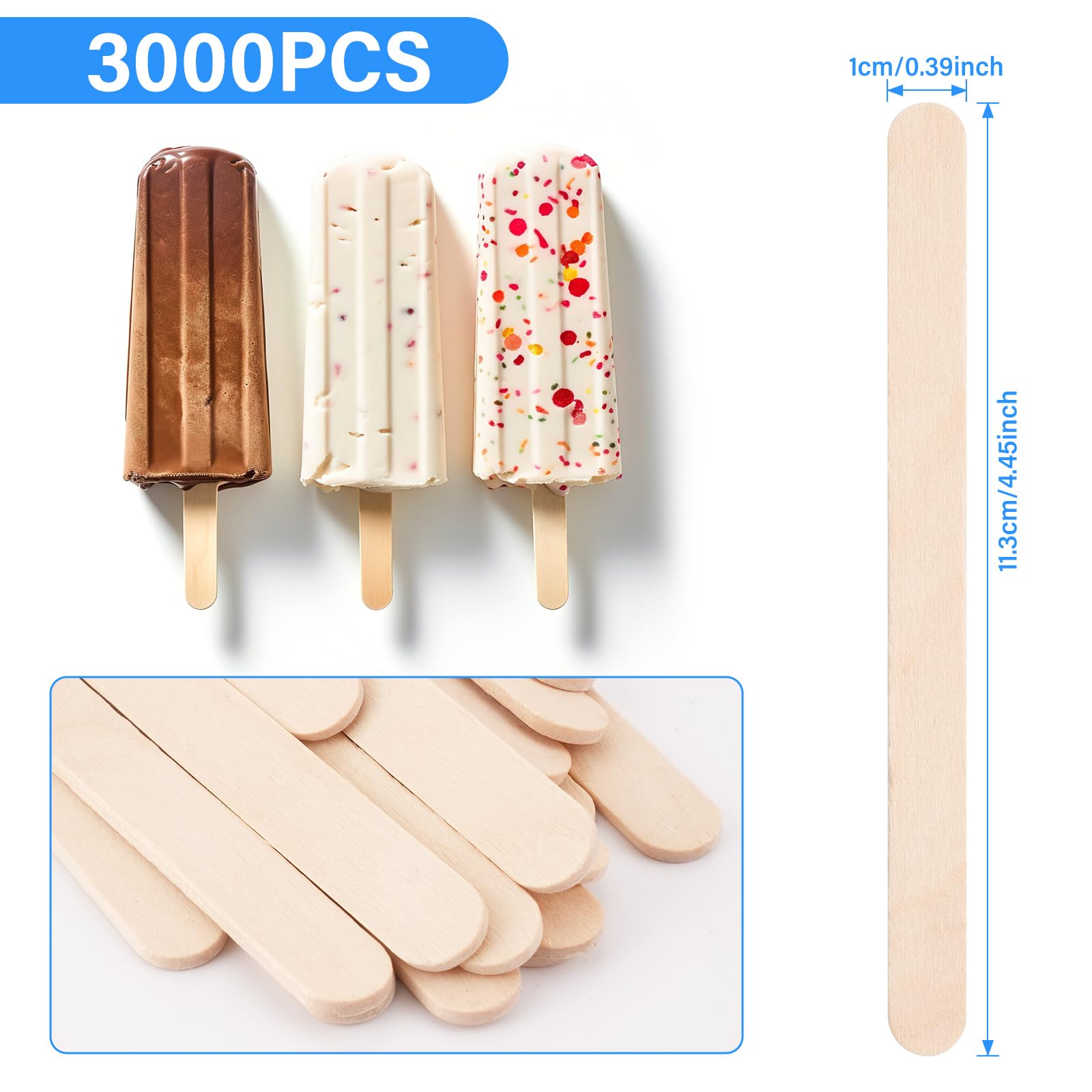 3000 Pcs Popsicle Sticks for Crafts 4.5 Inch Craft Sticks Bulk Ice Cream Sticks Natural Wood Popsicle Stick for food, or Waxing Sticks for Hair Removal and DIY Wood Crafts for Home Art Projects (3000)