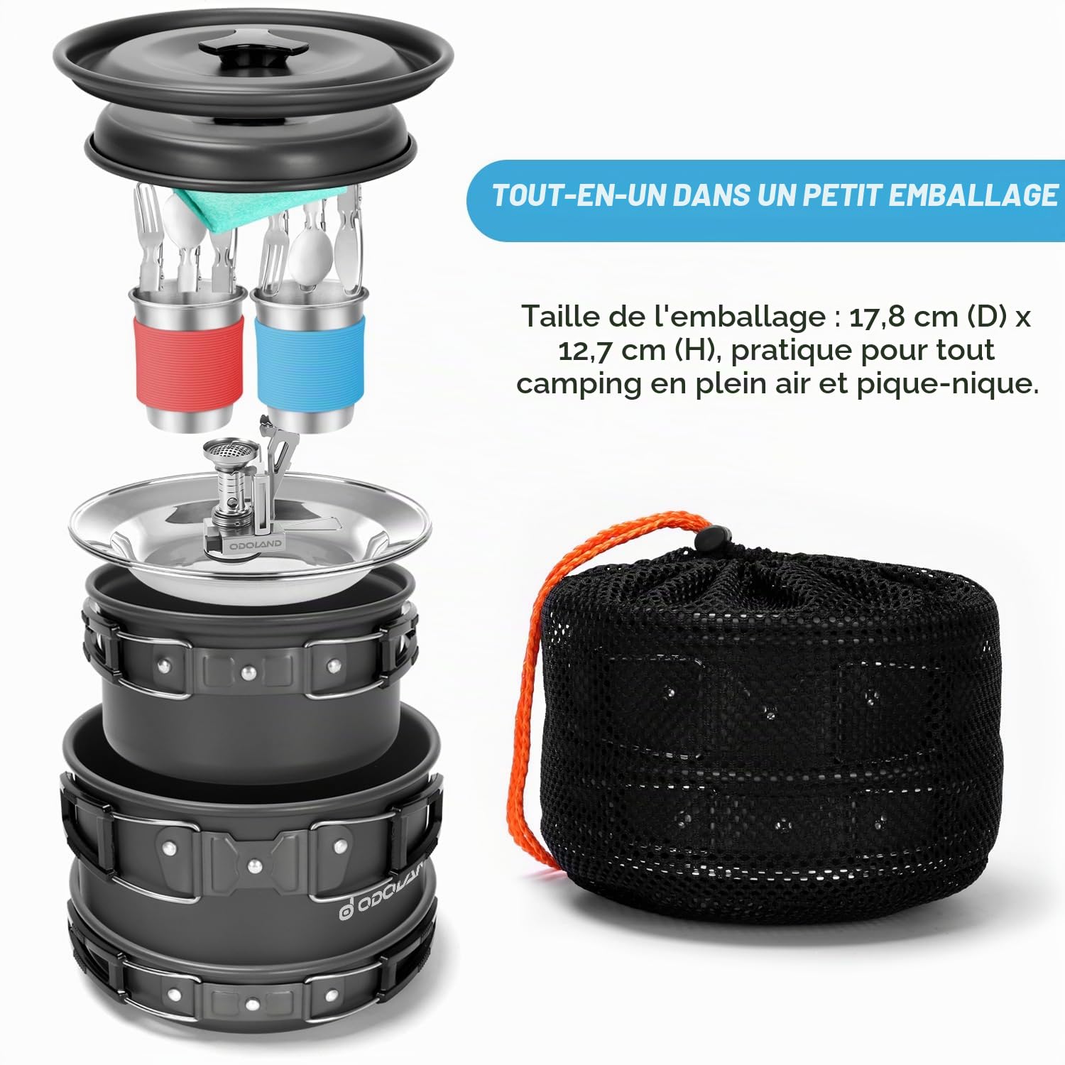 Odoland Lot de casseroles de Camping avec casseroles et poêle à Couverts pliants, crevettes pour 1 à 2 Personnes légères et compactes pour Camping, randonnée, Pique-Nique, randonnée