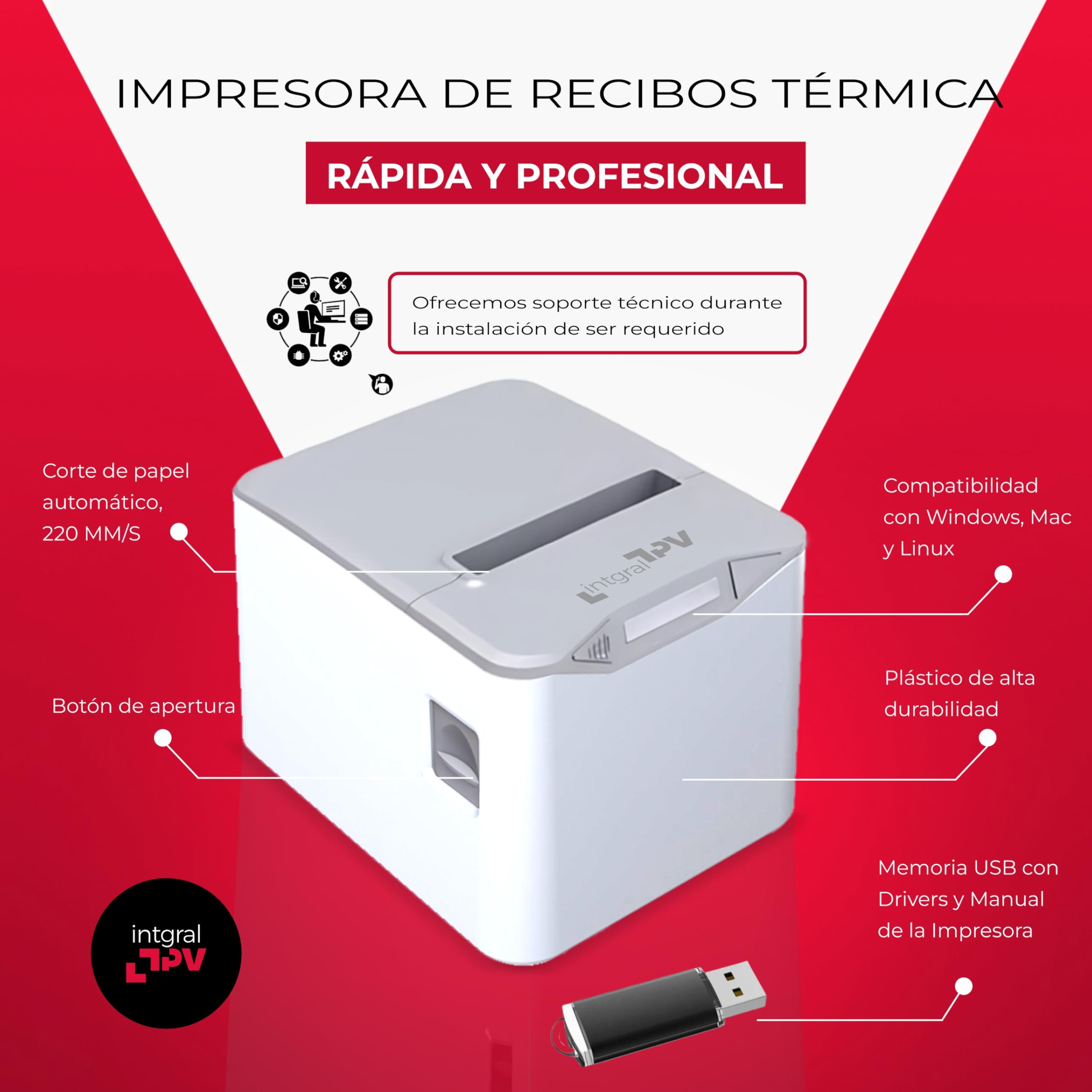 8370 Impresora Térmica de Recibos/Tickets 80mm – Puerto/Conexión: USB, RJ11 – Corte Automático – Windows, Linux, Mac – Rollo Extra y pendrive con Drivers – TPV POS (Blanco/Gris)