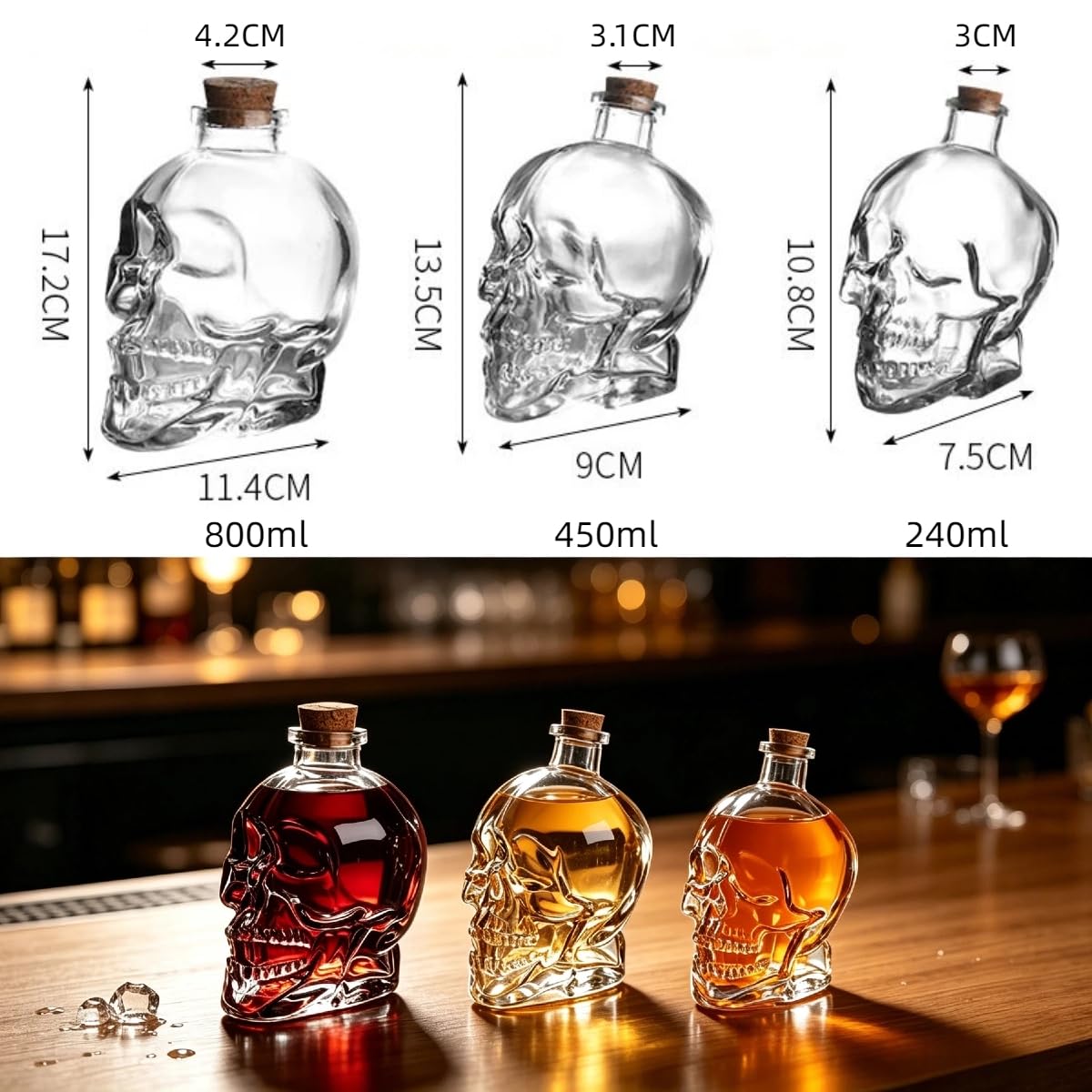 Szklana butelka na alkohol z trupią czaszką, z zamknięciem korkowym, 3 rozmiary 240/450/800 ml, przezroczysta butelka dekantująca do whisky, rumu, likieru i koktajli, prezent do baru domowego