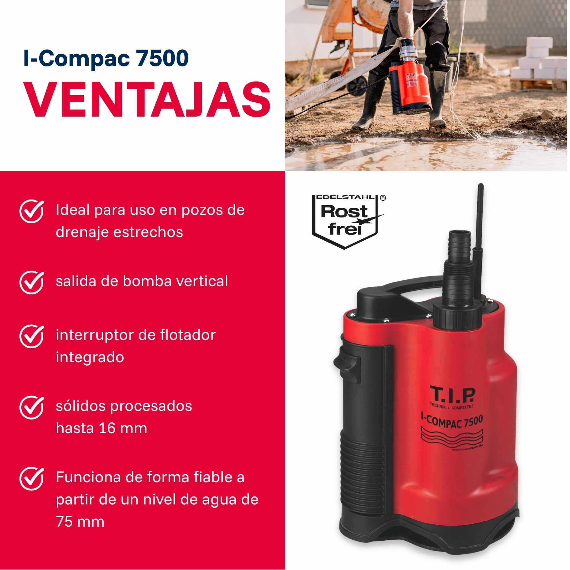 Bomba sumergible para aguas residuales T.I.P. 30190 I-Compac 7500, caudal de hasta 7,5 l/h, 18 x 13 x 30 cm