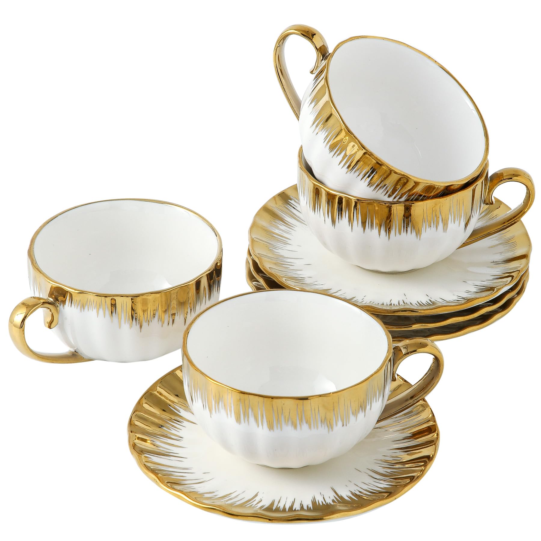 LETAOTAO Filiżanka i spodek do cappuccino, porcelanowy kubek do kawy 200 ml ze złotym wykończeniem, zestaw filiżanek do herbaty do podwójnego espresso, latte, biały