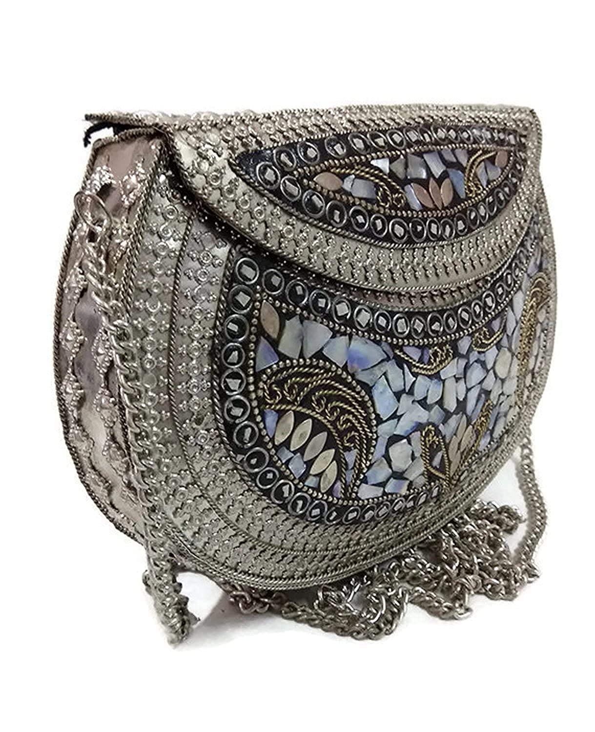 Mosaic Silver & White Metal Embellished Clutch-image-5