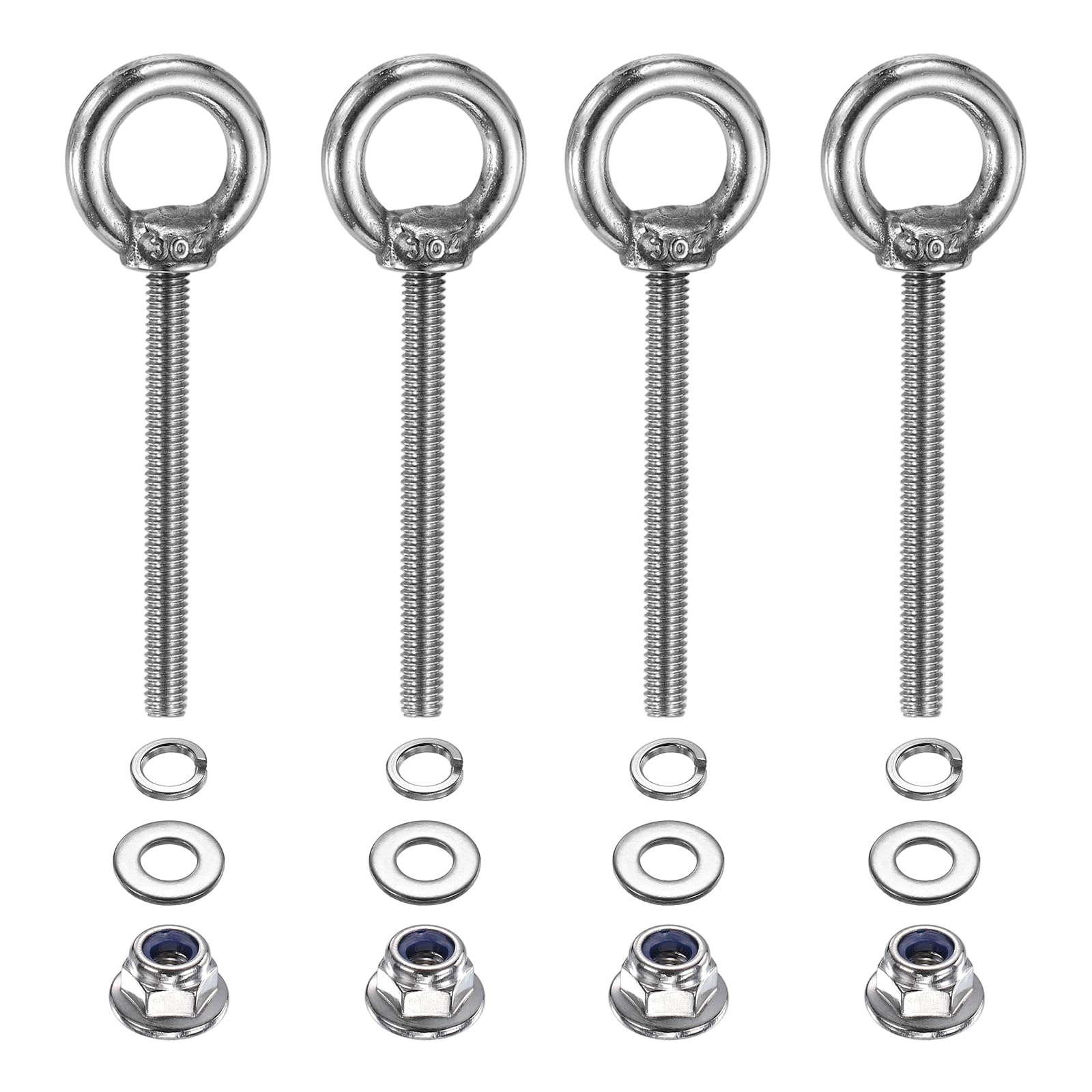 PATIKIL M4 x 40mm Shoulder Eye Bolt, 4 Pcs 304 Stainless Steel Lifting Ring Threaded Eye Bolt with Flange Lock Nuts Spring and Flat Washers for Hanging Tie Down Straps Outdoor Indoor